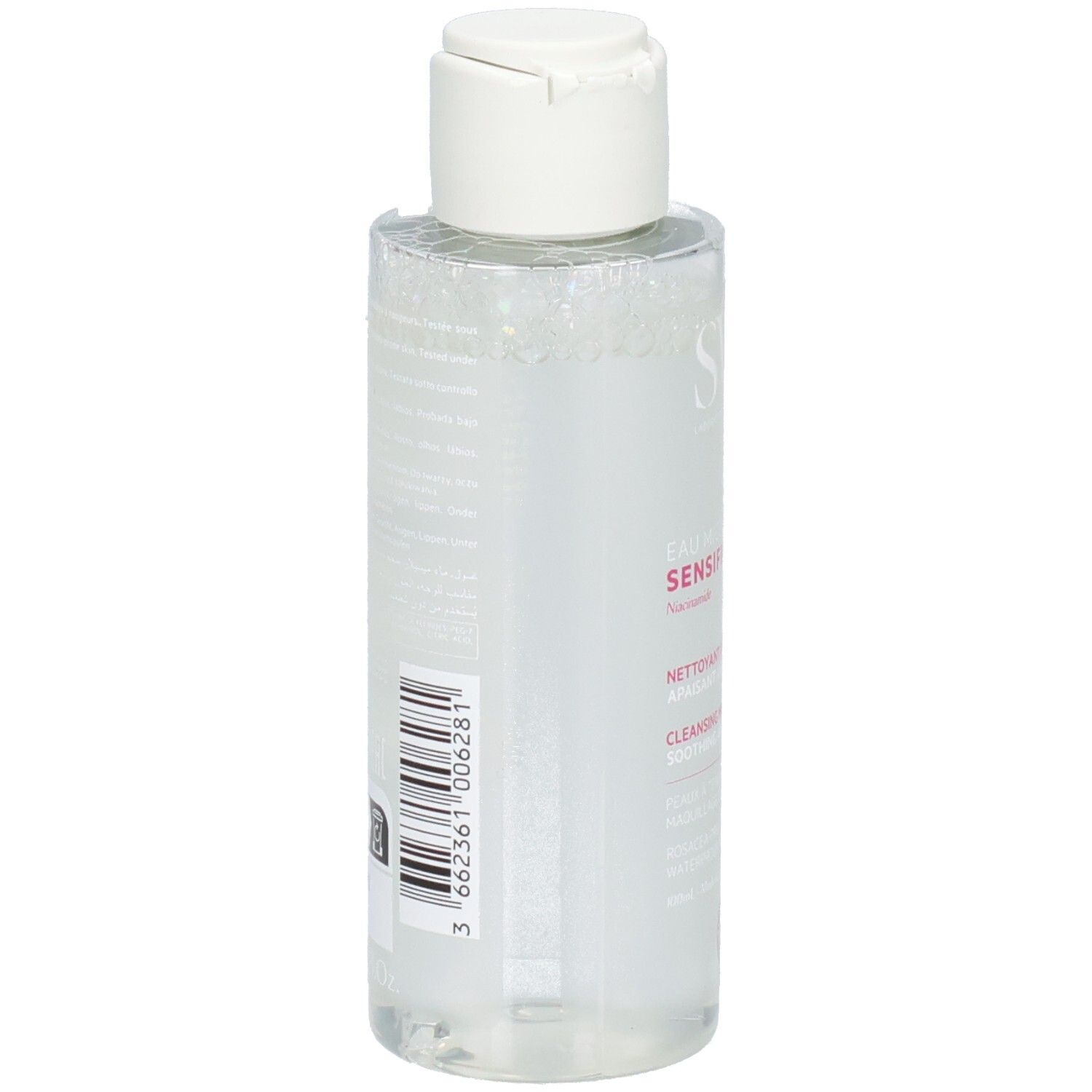 SVR Sensifine AR Mizellenwasser-Flasche. Rückseite mit Text und Barcode. Weißer Deckel, transparente Flüssigkeit.