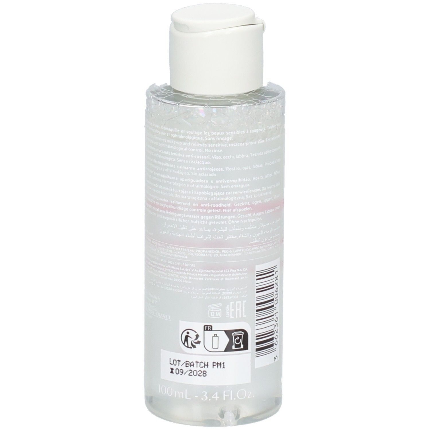 SVR Sensifine AR Mizellenwasser-Flasche. Rückseite mit Text, Barcode und Chargennummer. Weißer Deckel, transparente Flüssigkeit.