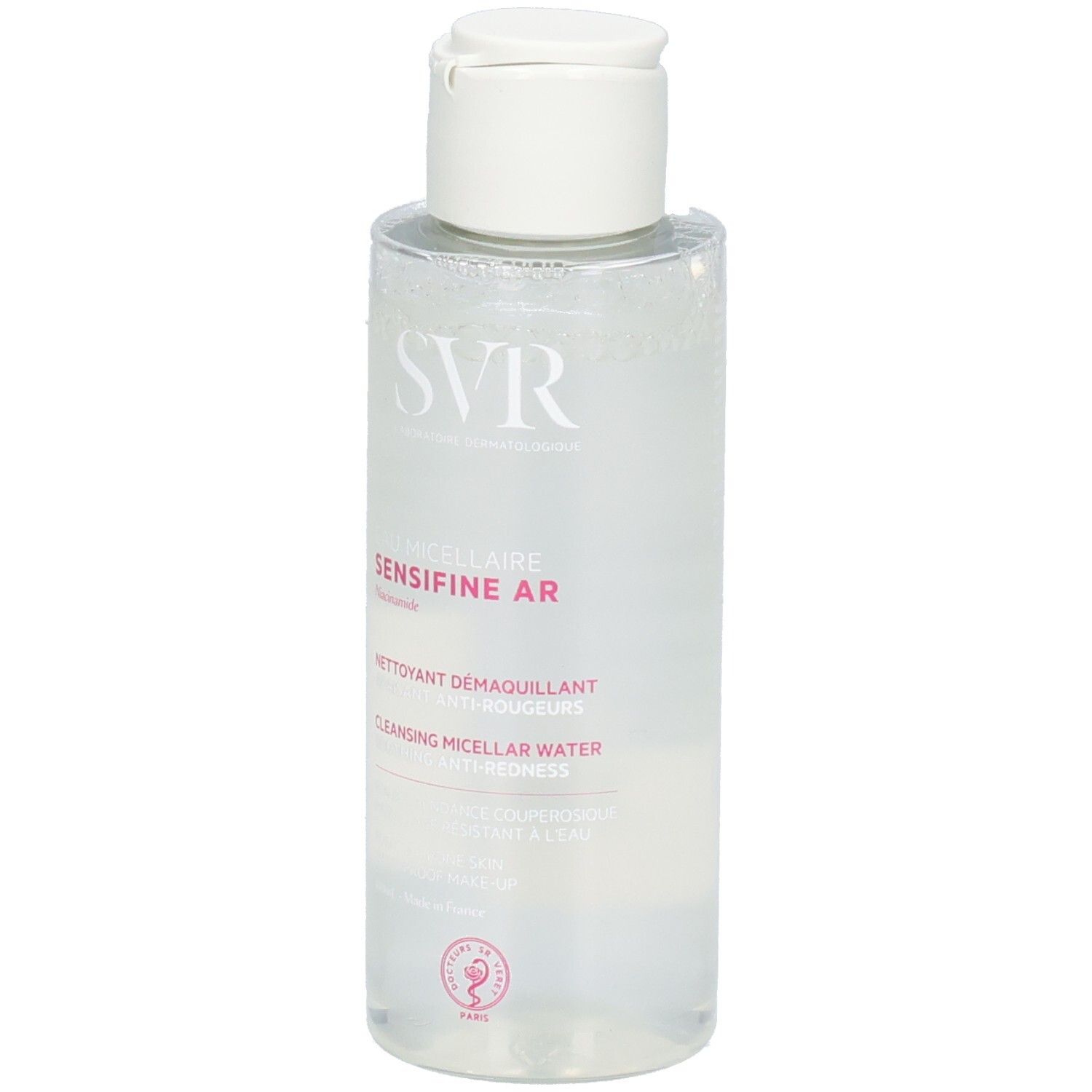 SVR Sensifine AR Mizellenwasser-Flasche. Weißer Deckel, transparente Flüssigkeit. Aufschrift: SVR, Sensifine AR, Eau Micellaire.
