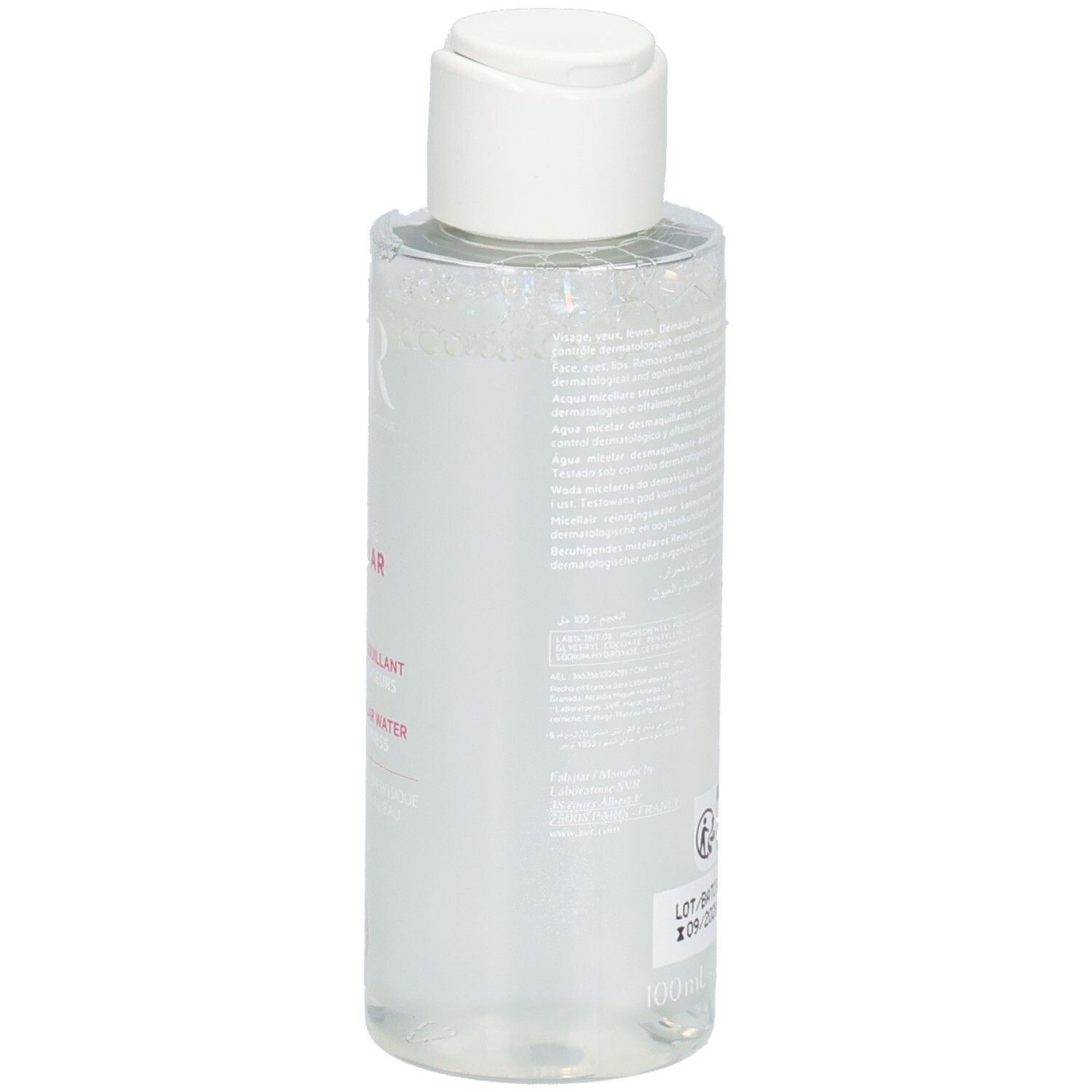 SVR Sensifine AR Mizellenwasser-Flasche. Rückseite mit Text. Weißer Deckel, transparente Flüssigkeit.