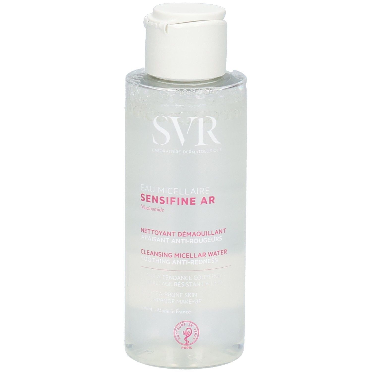 SVR Sensifine AR Mizellenwasser-Flasche. Weißer Deckel, transparente Flüssigkeit. Aufschrift: SVR, Sensifine AR, Eau Micellaire.