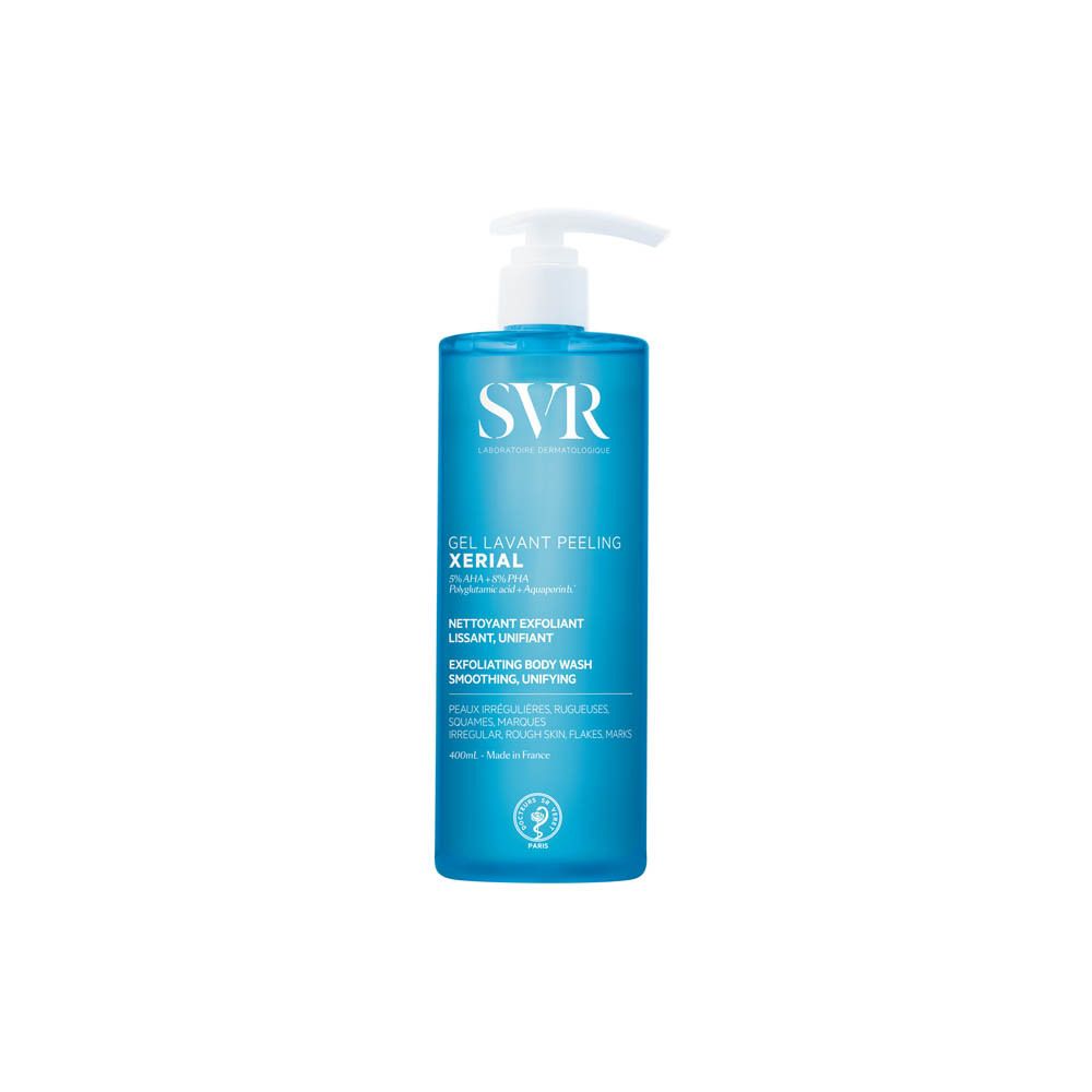 Flacon bleu transparent avec pompe blanche. Inscription: SVR, Gel Lavant Peeling XERIAL. Pour peaux rugueuses.