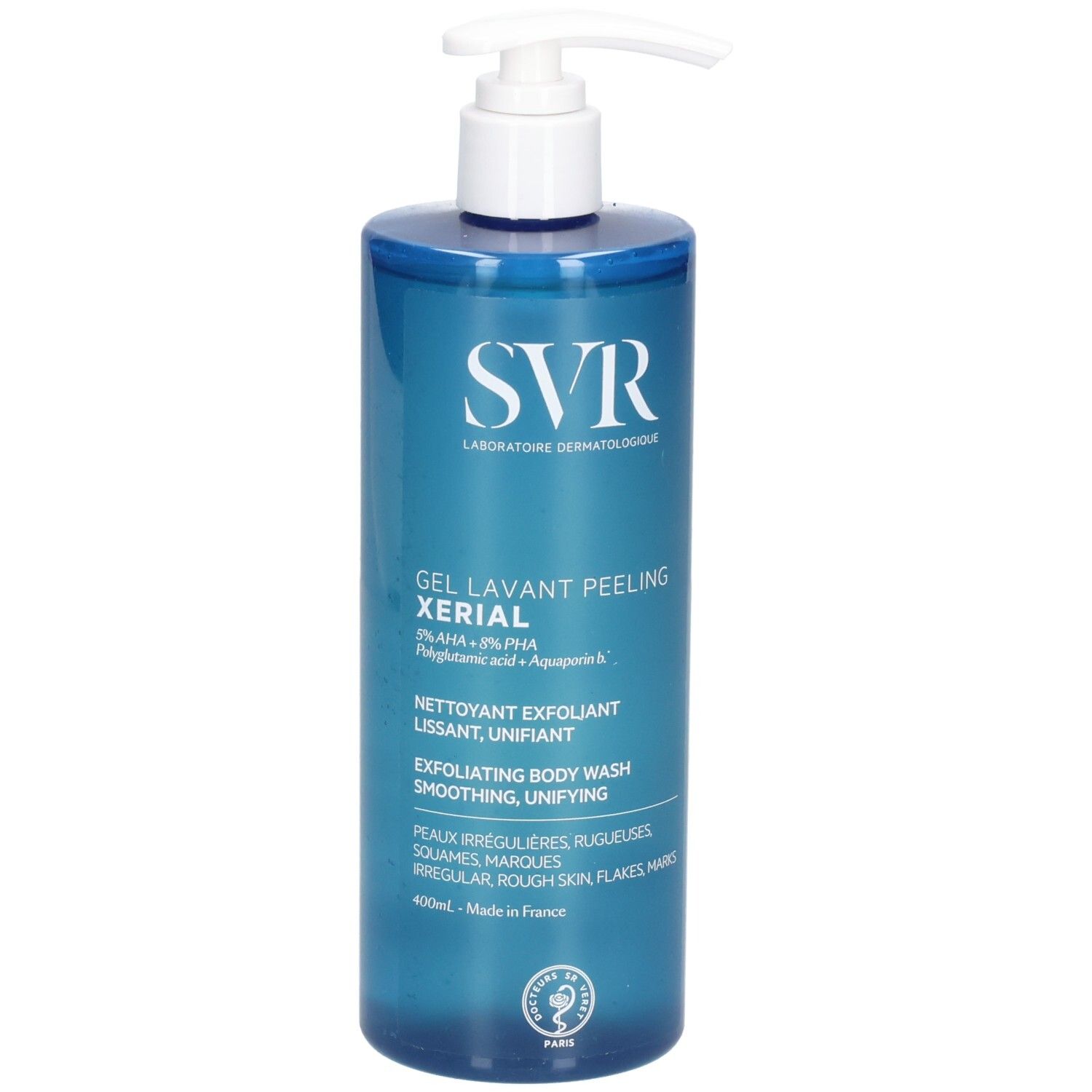 Blau-transparente Flasche mit weißem Pumpkopf. Aufschrift: SVR, Gel Lavant Peeling XERIAL. Enthält AHA+BHA. Für raue Haut.