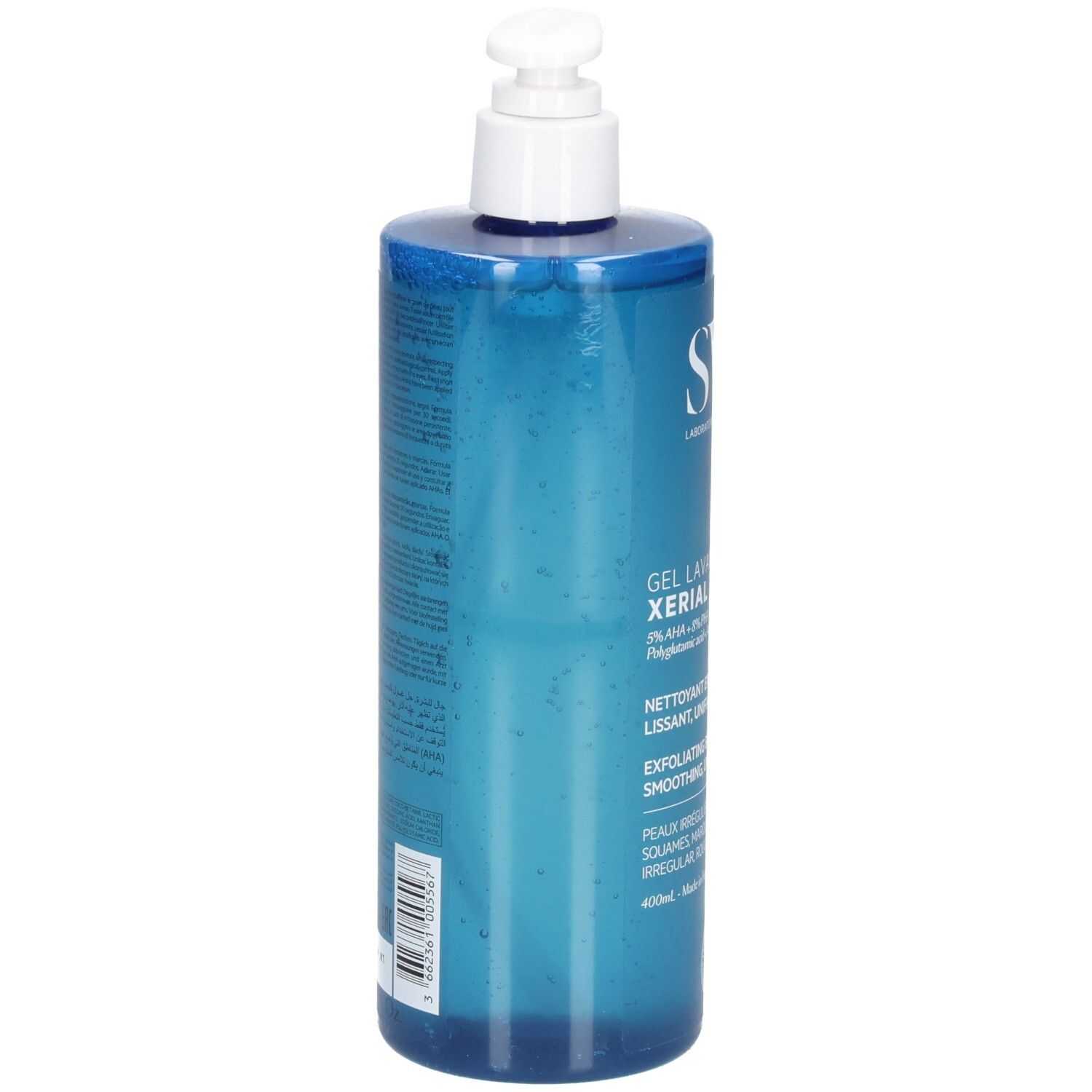 Rückansicht der blau-transparenten Flasche mit weißem Pumpkopf. Text und Barcode auf dem Etikett. Produktname nicht sichtbar.