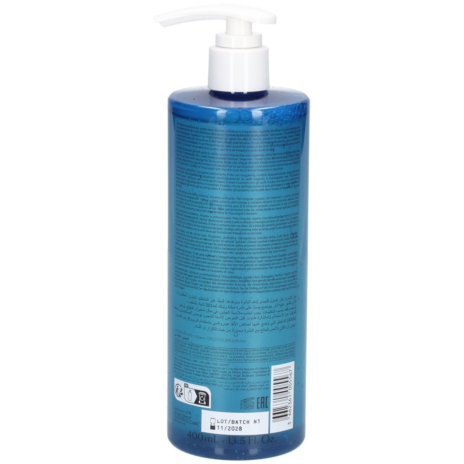 Rückansicht der blau-transparenten Flasche mit weißem Pumpkopf. Text und Barcode auf dem Etikett. Produktname nicht sichtbar.