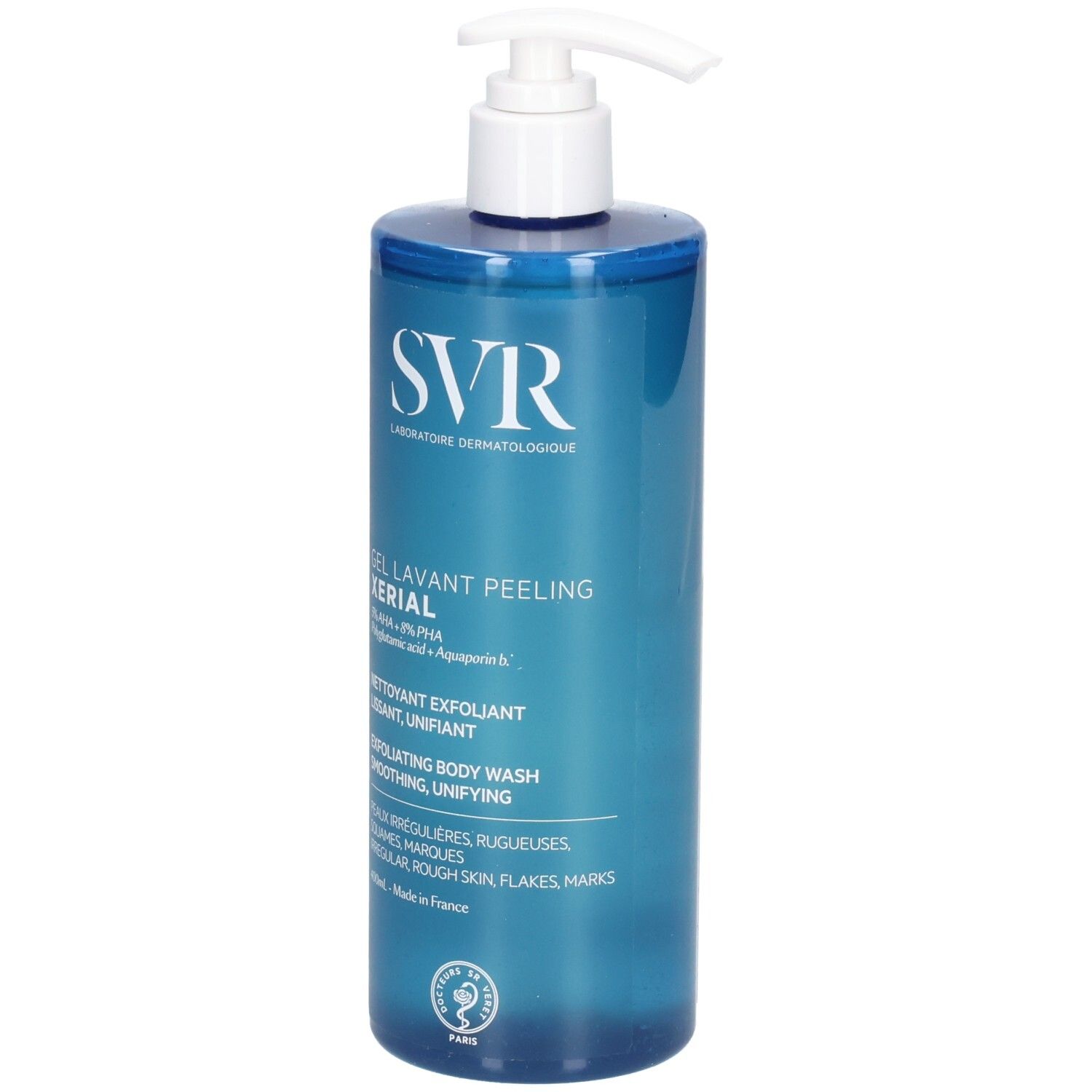 Blau-transparente Flasche mit weißem Pumpkopf. Aufschrift: SVR, Gel Lavant Peeling XERIAL. Enthält AHA+BHA. Für raue Haut.