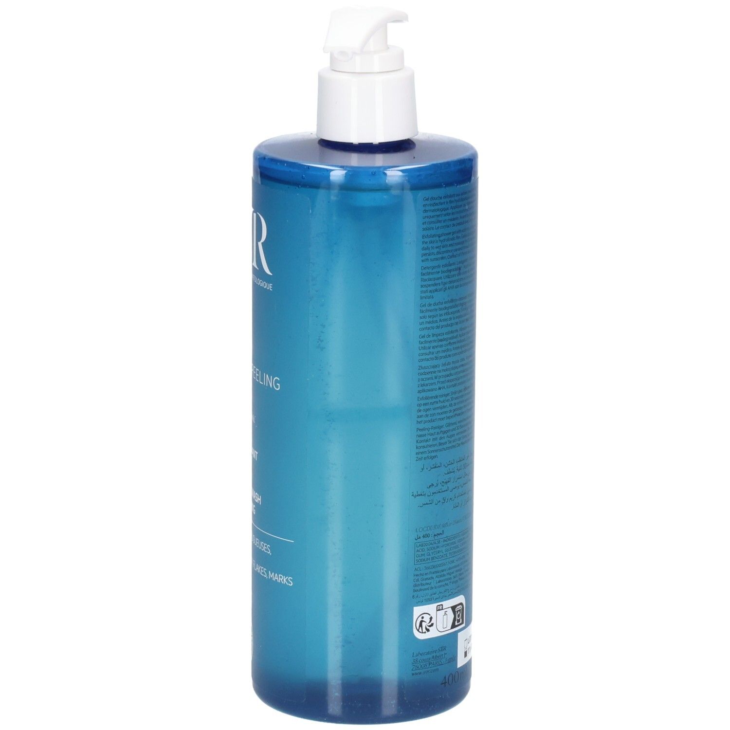 Rückansicht der blau-transparenten Flasche mit weißem Pumpkopf. Text und Barcode auf dem Etikett. Produktname nicht sichtbar.