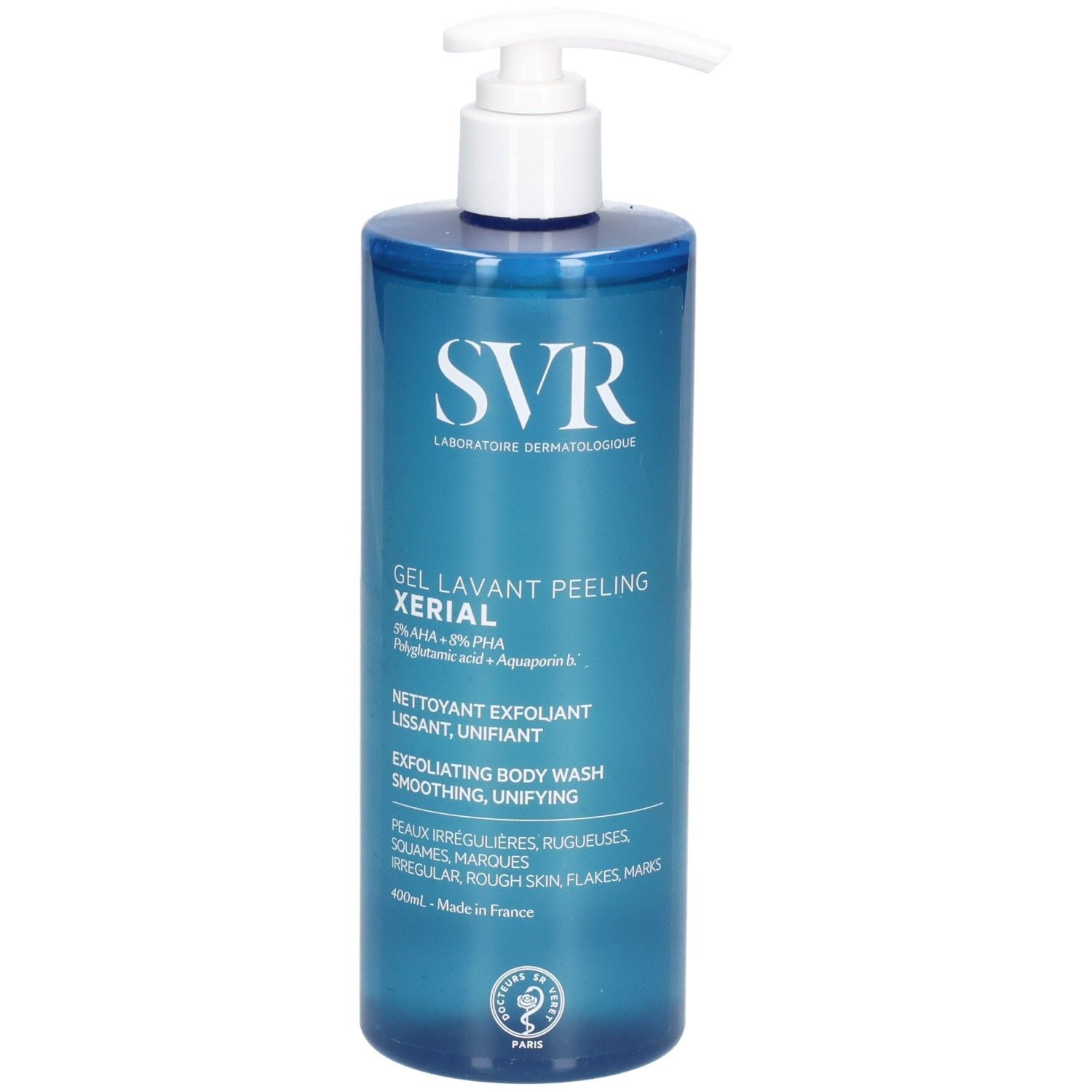 Blau-transparente Flasche mit weißem Pumpkopf. Aufschrift: SVR, Gel Lavant Peeling XERIAL. Enthält AHA+BHA. Für raue Haut.