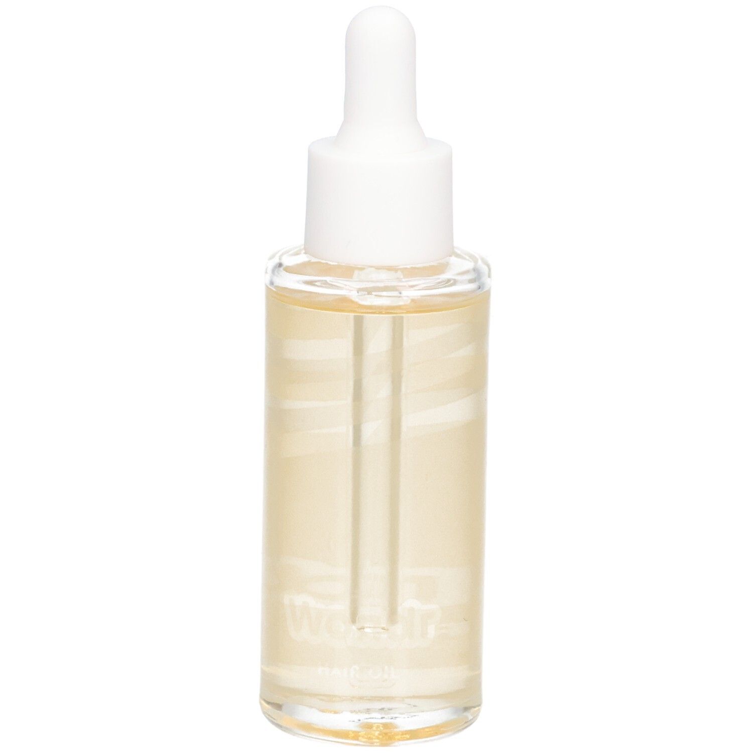 Glasflasche mit weißem Deckel und Pipette. Enthält gelbliche Flüssigkeit. Aufschrift: Wondr Hair Oil.