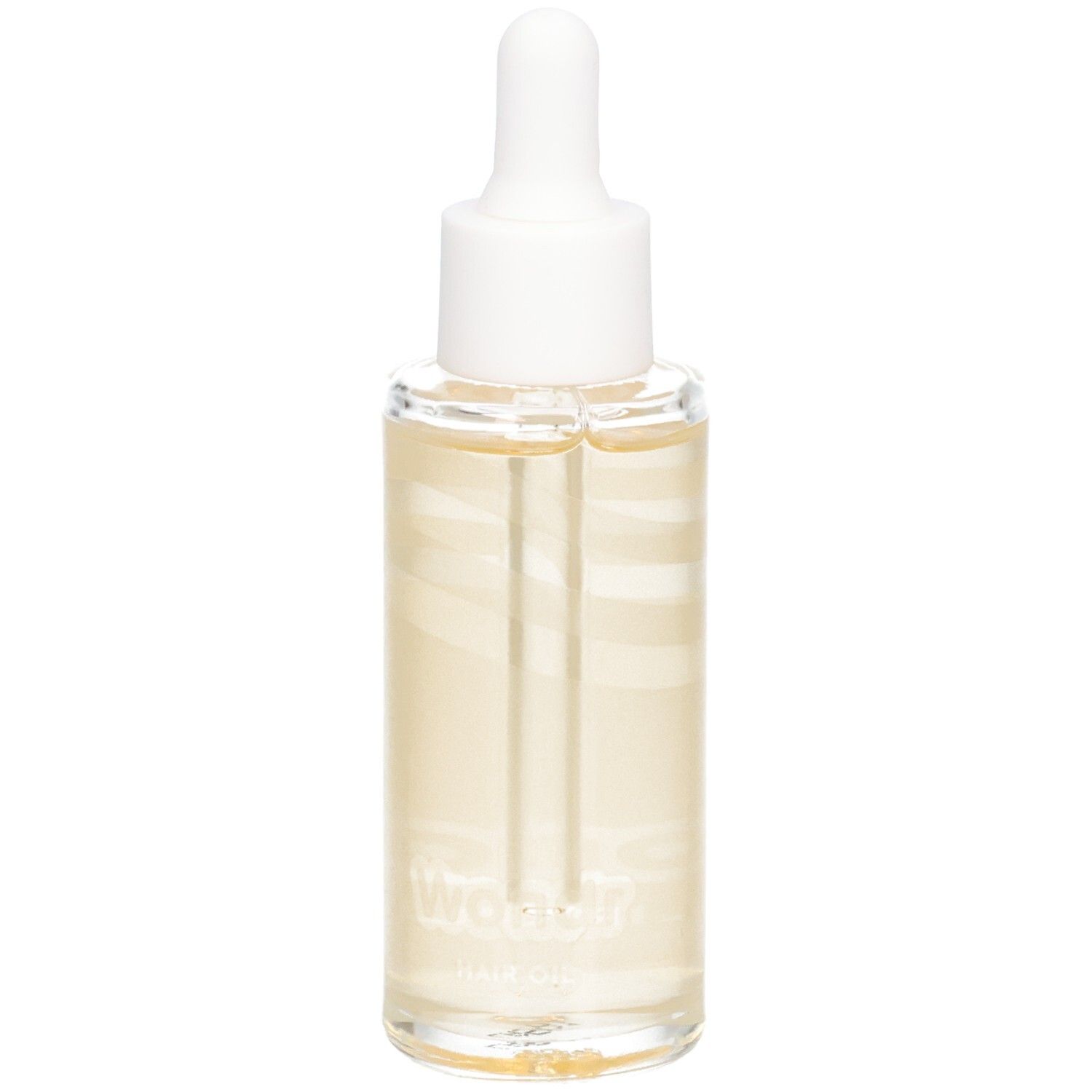 Glasflasche mit weißem Deckel und Pipette. Enthält gelbliche Flüssigkeit. Aufschrift: Wondr Hair Oil.