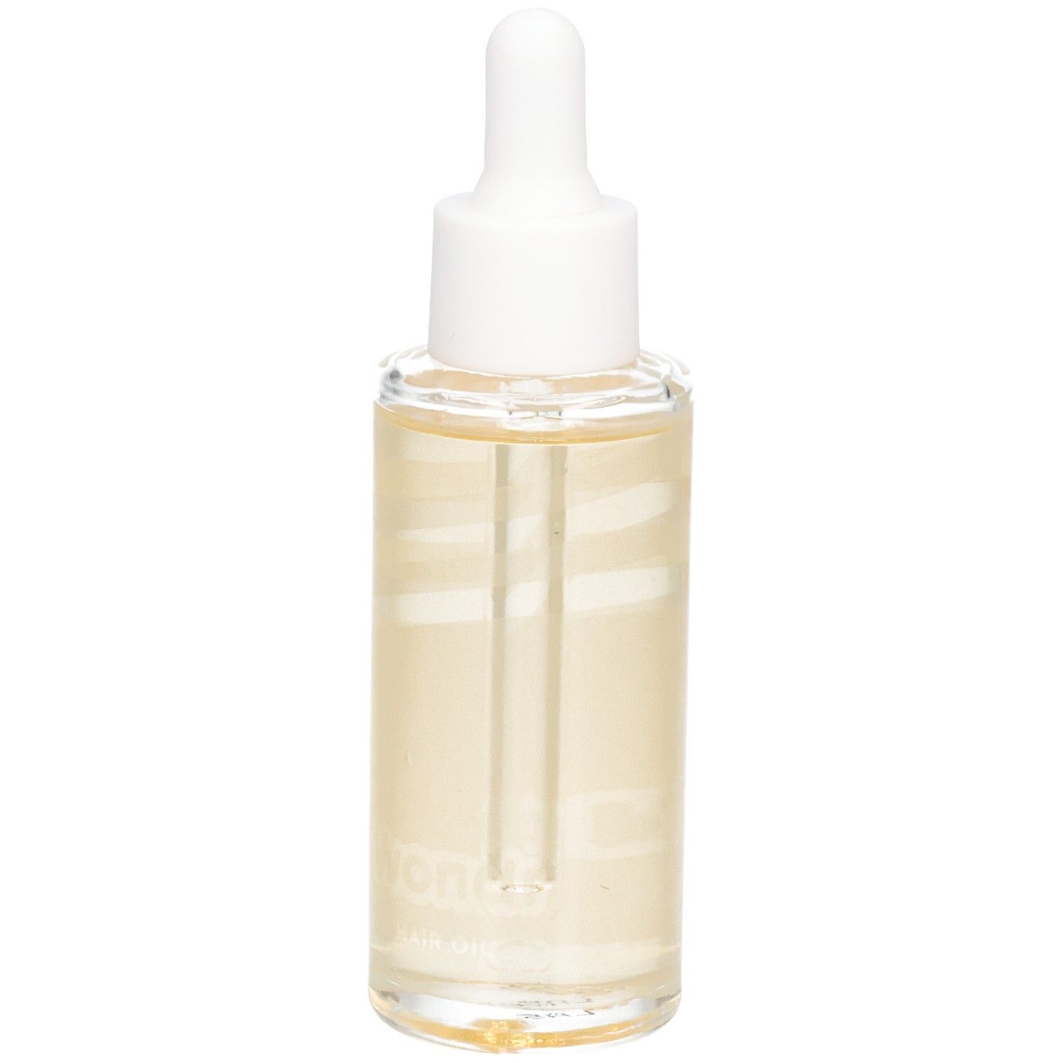Glasflasche mit weißem Deckel und Pipette. Enthält gelbliche Flüssigkeit. Aufschrift: Wondr Hair Oil.