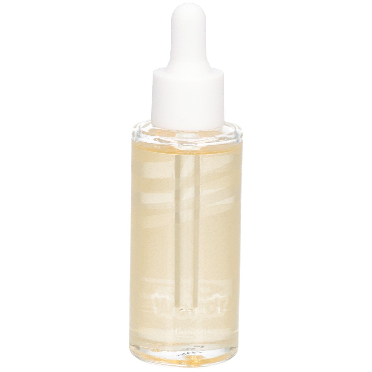 Glasflasche mit weißem Deckel und Pipette. Enthält gelbliche Flüssigkeit. Aufschrift: Wondr Hair Oil.