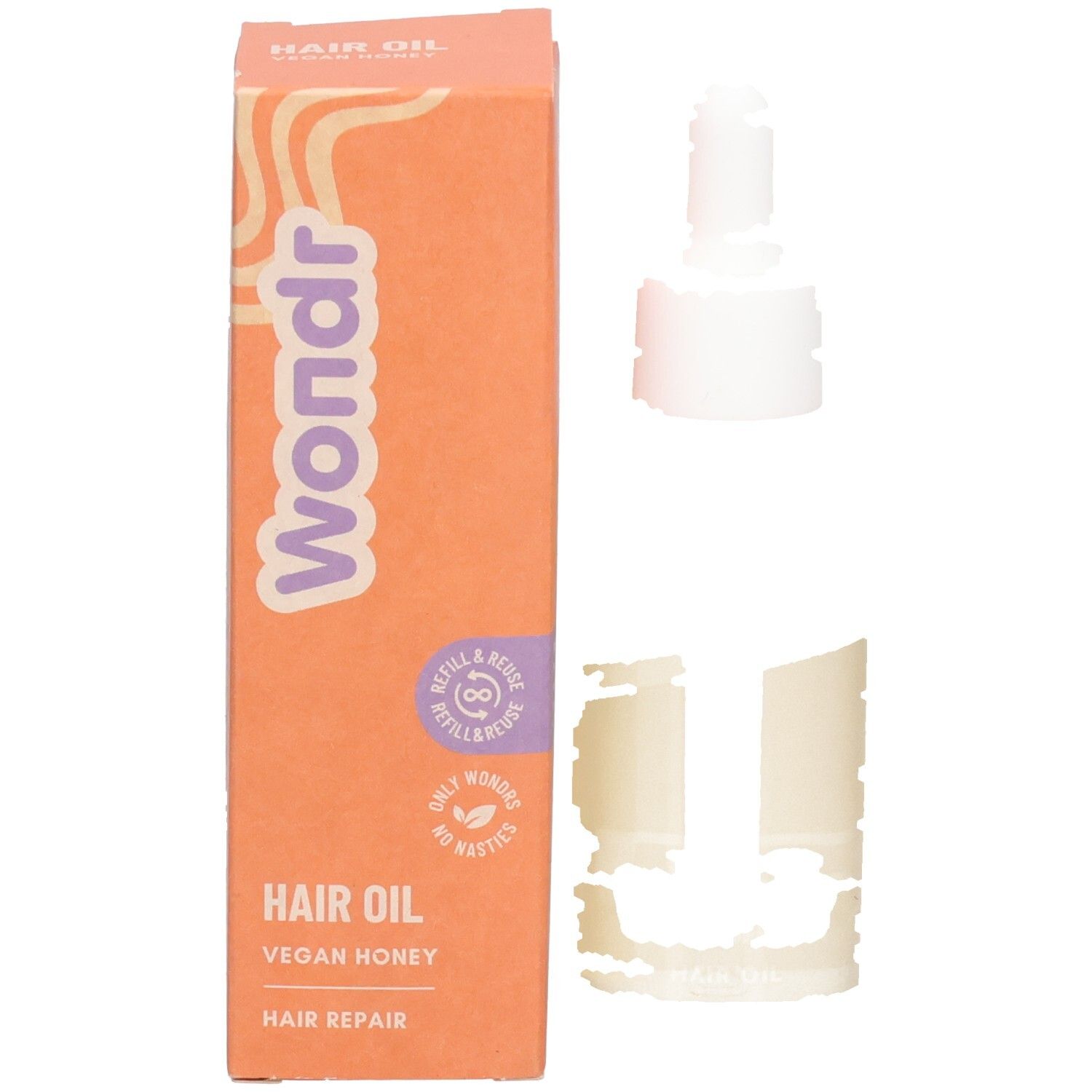 Produktverpackung. Orangefarbener Karton mit Aufschrift: Wondr, Hair Oil, Vegan Honey, Hair Repair. Mit Logo.