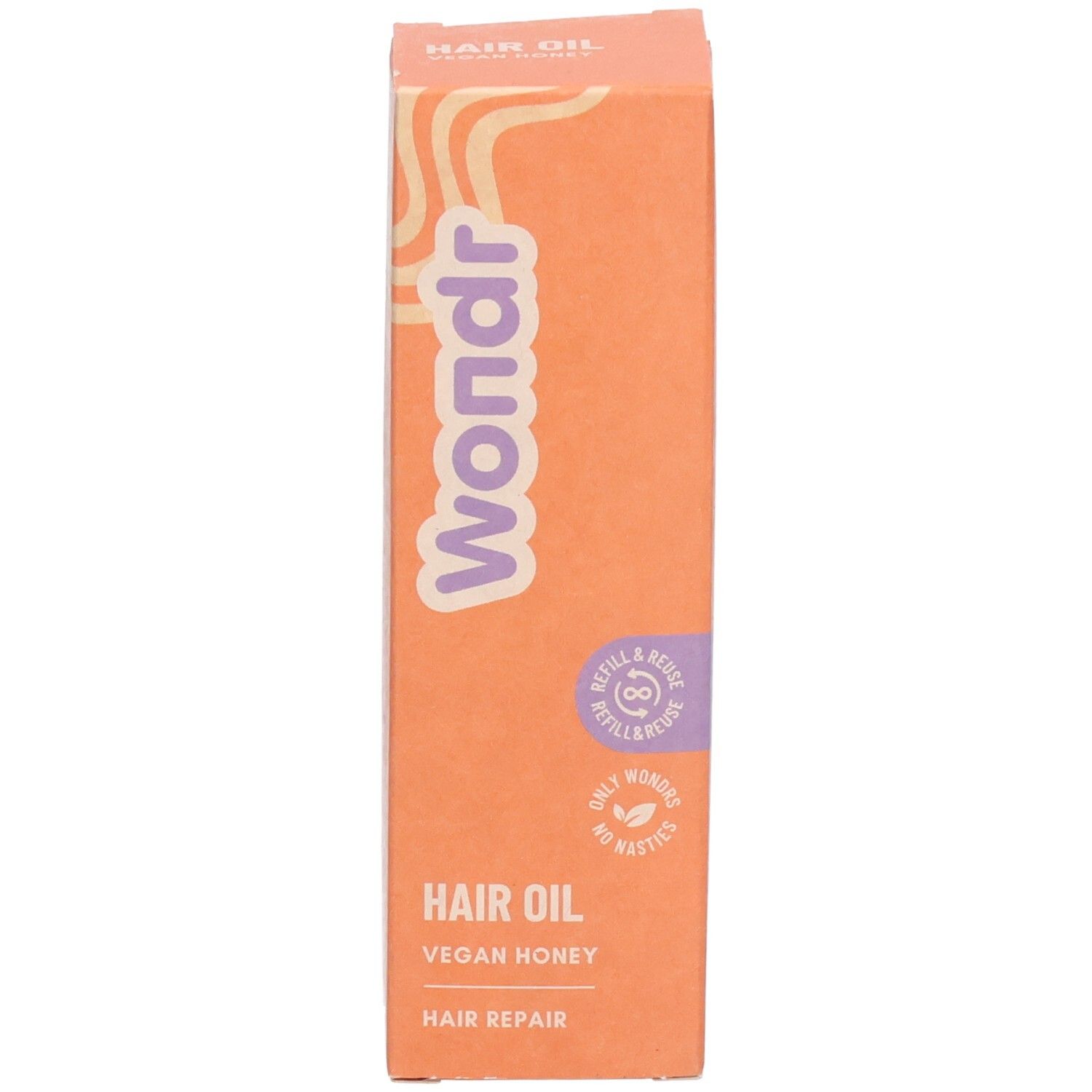 Produktverpackung. Orangefarbener Karton mit Aufschrift: Wondr, Hair Oil, Vegan Honey, Hair Repair. Mit Logo.