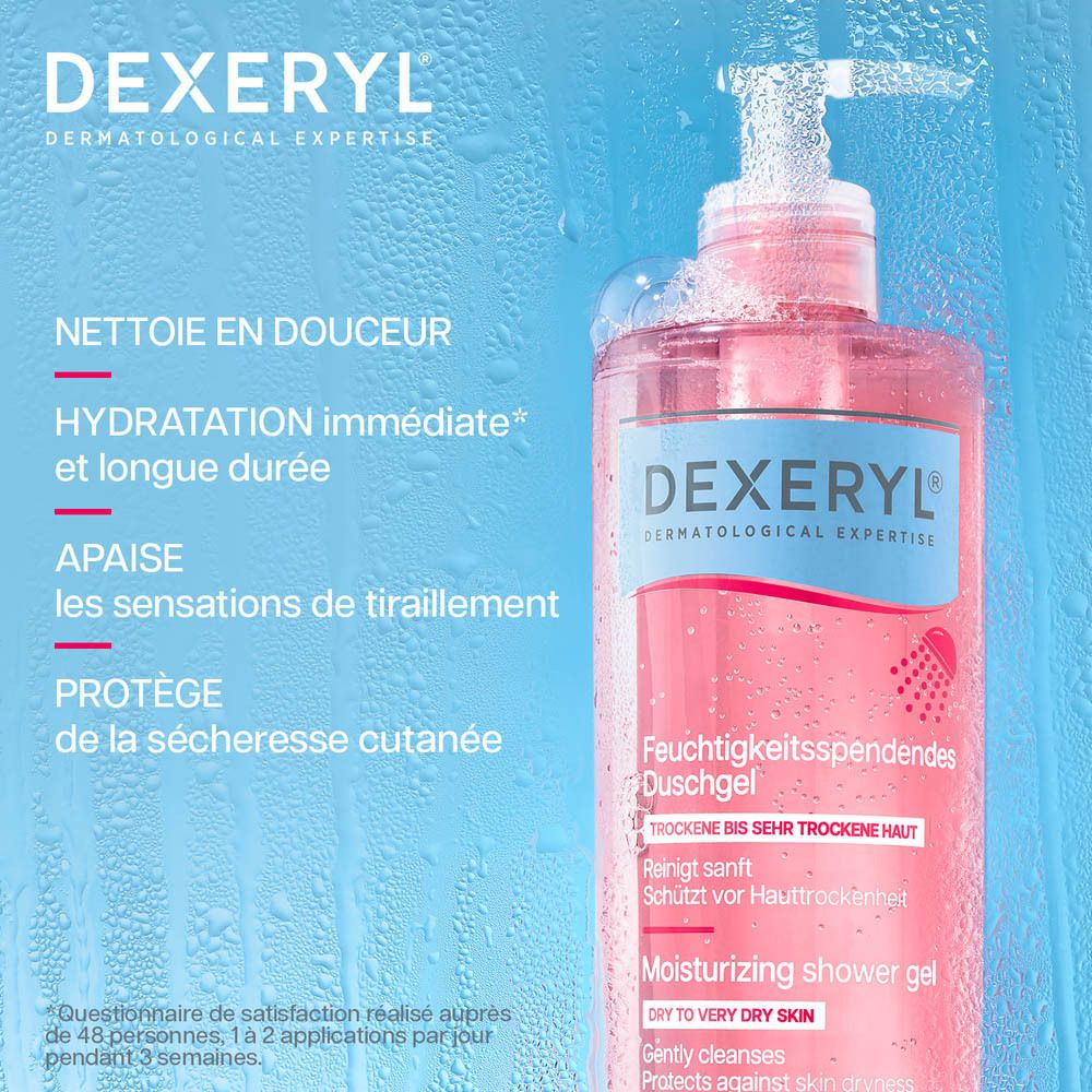 Eine Flasche Dexeryl Feuchtigkeitsspendendes Duschgel mit Spender, für sehr trockene Haut.