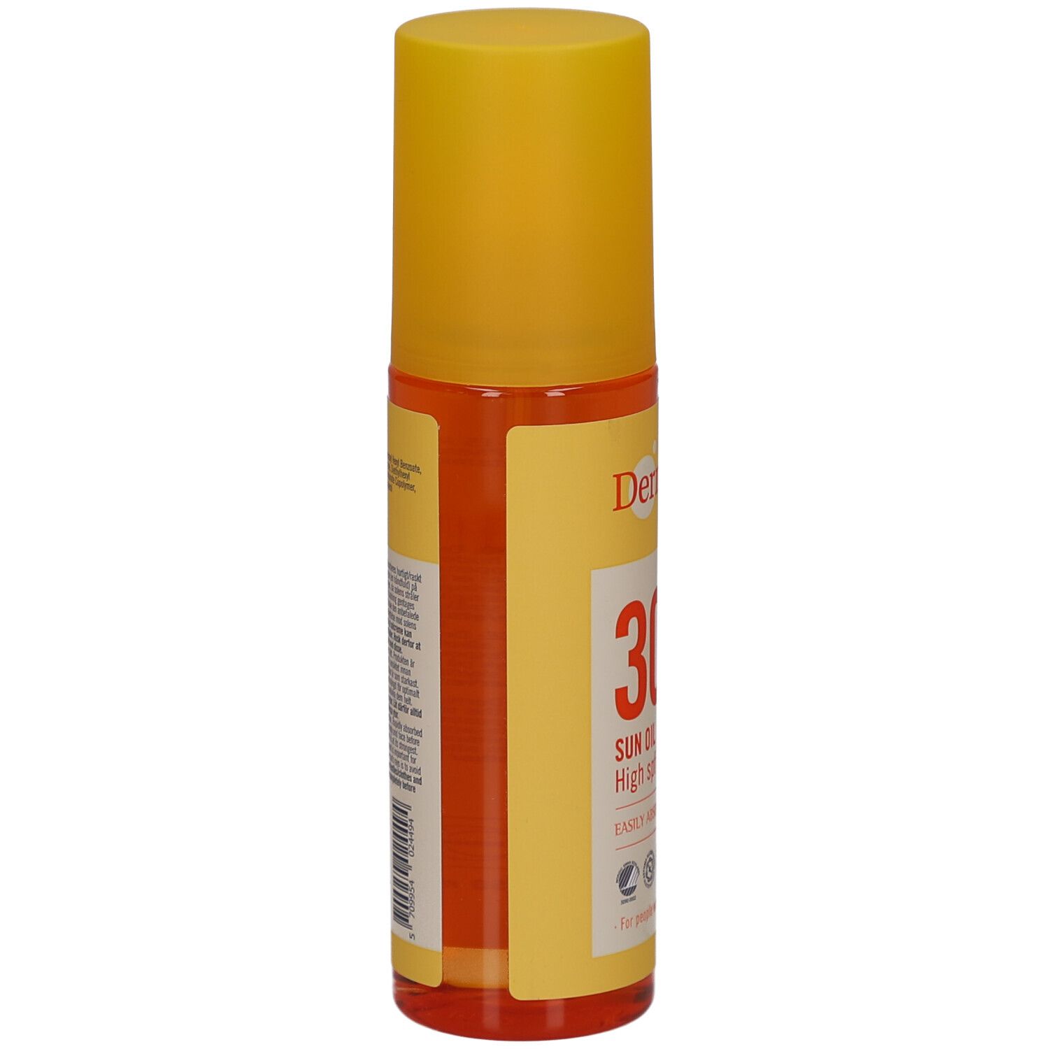 Flacon cylindrique avec bouchon jaune. Inscriptions et texte sur l'étiquette. Ingrédients et informations fabricant visibles.