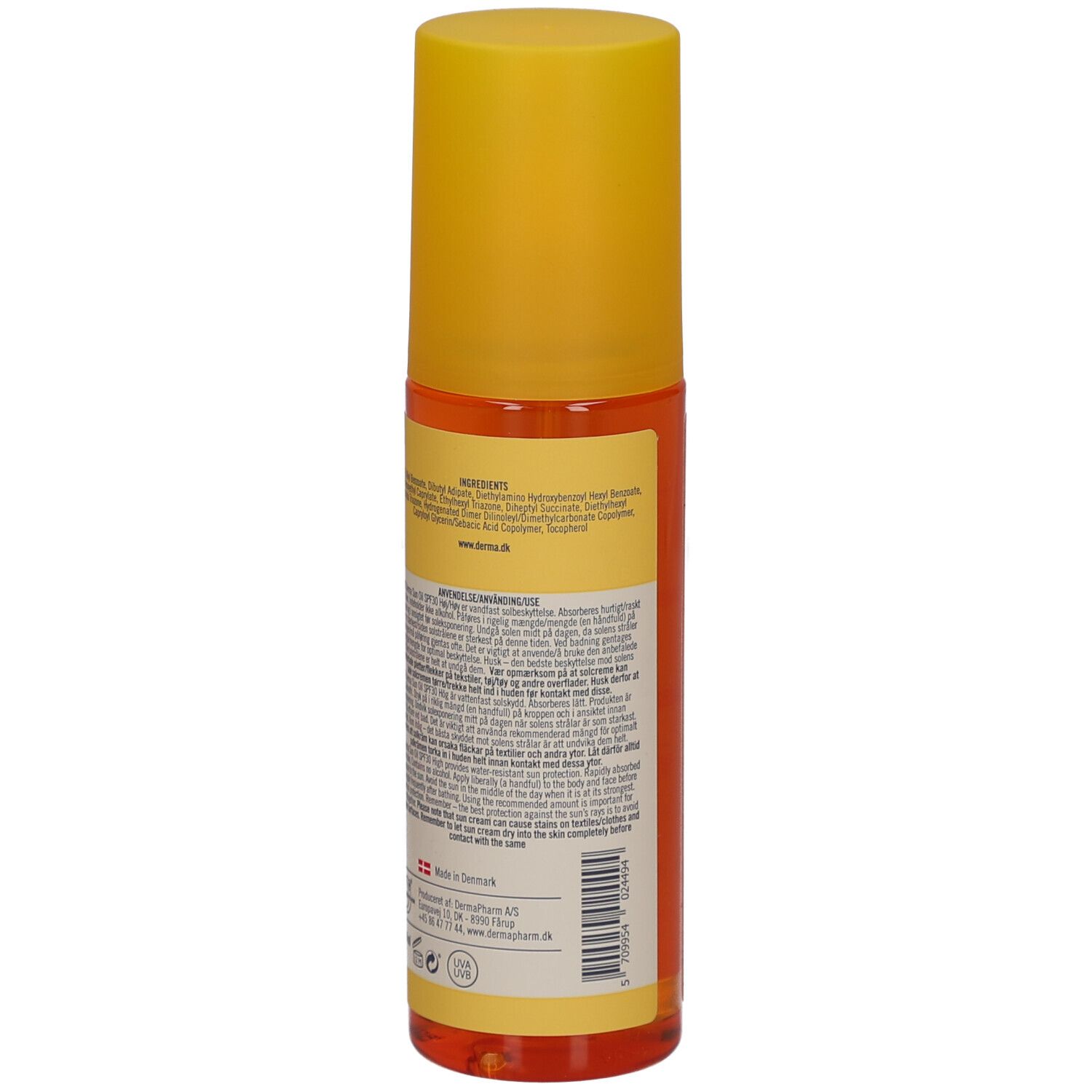 Dos du flacon. Texte avec ingrédients, instructions d'utilisation et informations fabricant. Label Vegan.