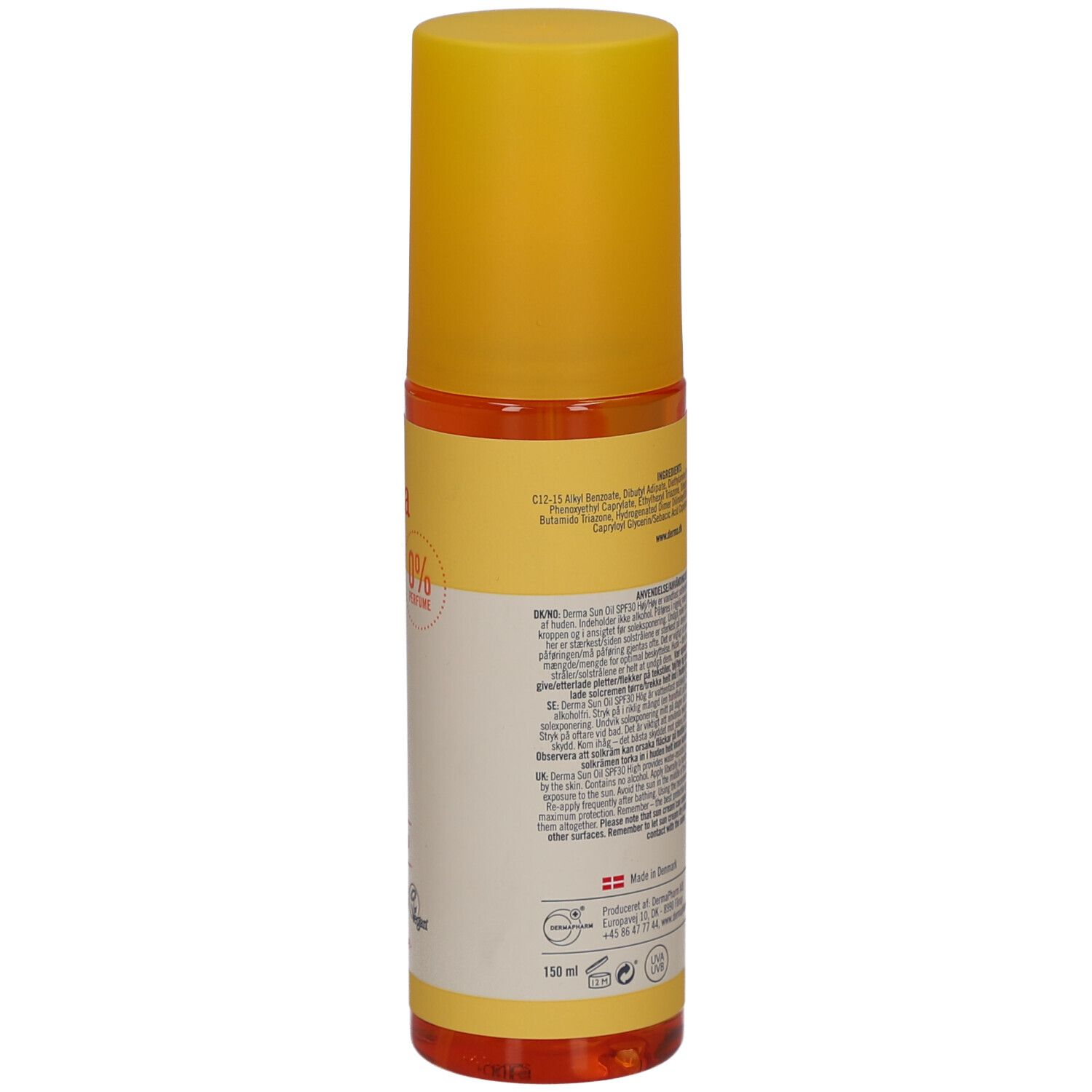 Dos du flacon. Texte avec ingrédients, instructions d'utilisation et informations fabricant. Label Vegan.