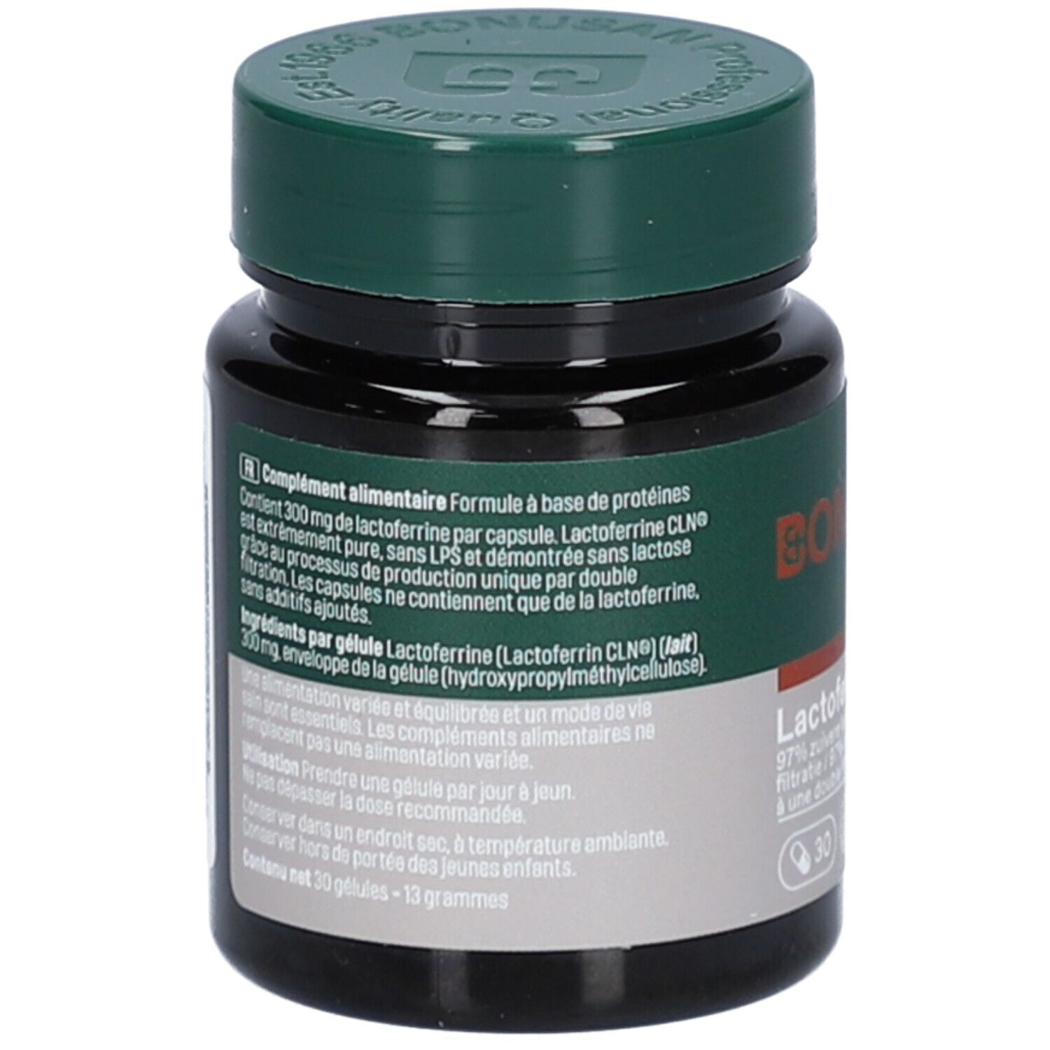 Rückseite der Flasche. Text: Nahrungsergänzungsmittel. Enthält 300mg Lactoferrin pro Kapsel. Zutatenliste und Anwendungshinweise.