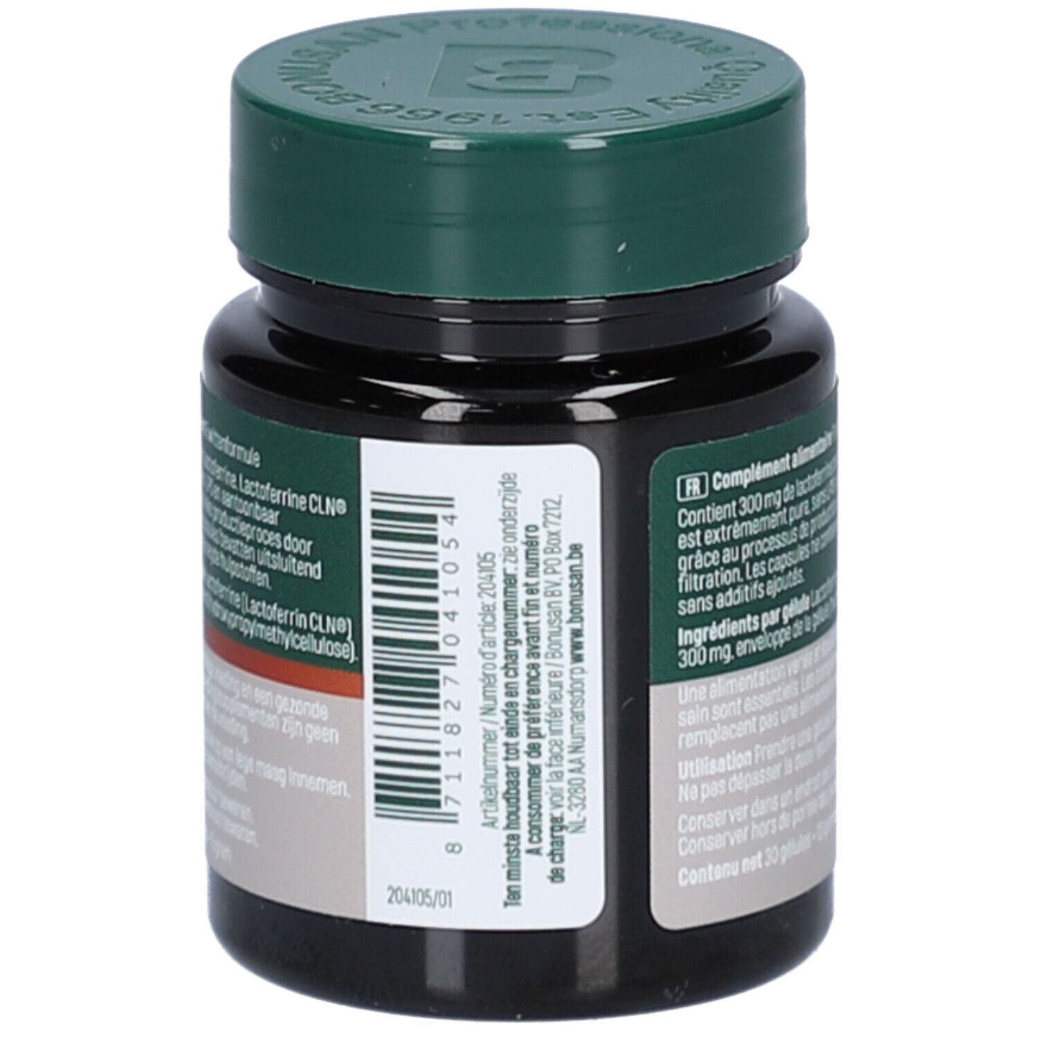 Rückseite der Flasche. Text: Nahrungsergänzungsmittel. Chargennummer und Herstellerinformationen.