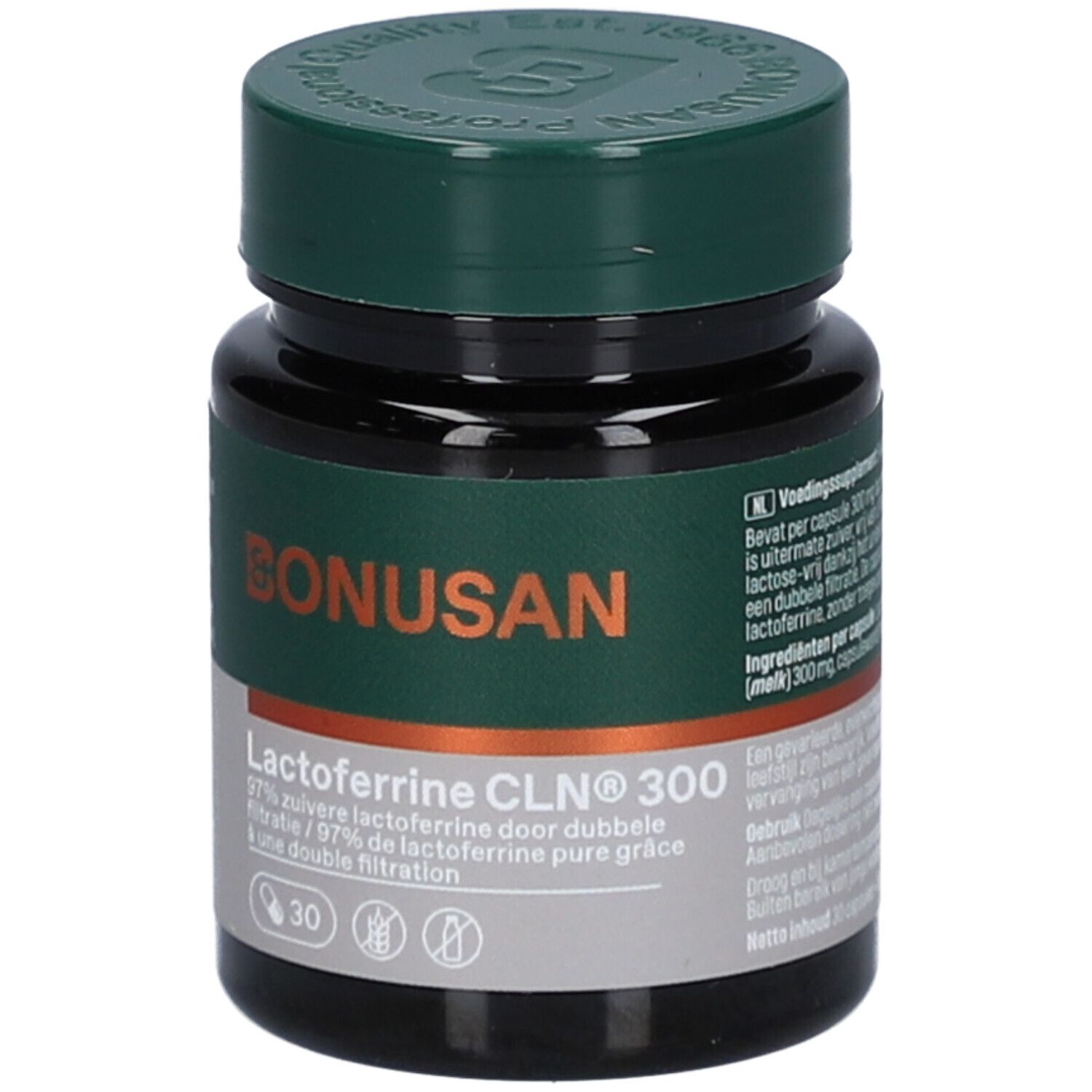 Dunkle Flasche mit grünem Deckel. Aufschrift: Bonusan, Lactoferrine CLN 300, 30 Kapseln. Doppel-Filtration.