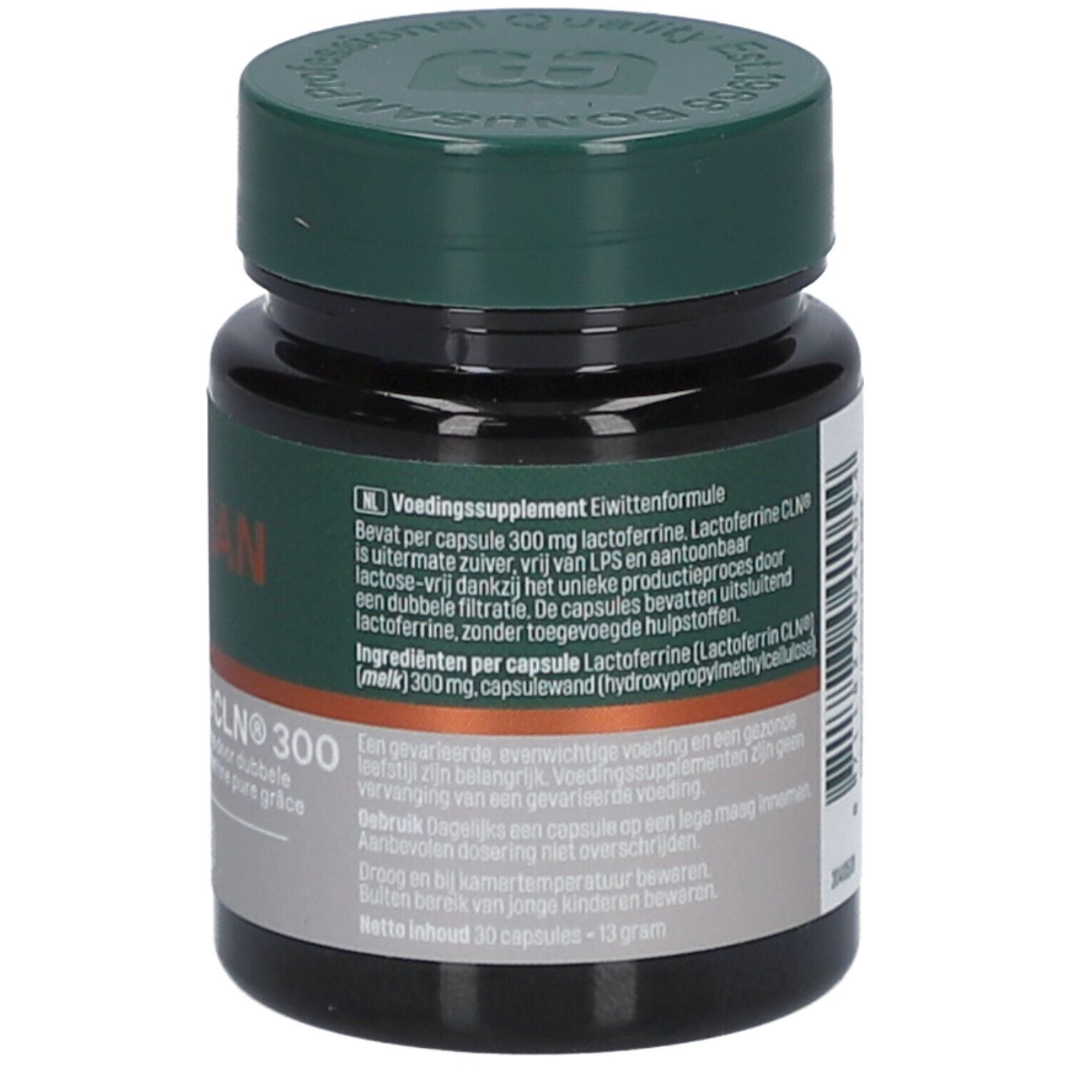 Rückseite der Flasche. Text: Nahrungsergänzungsmittel. Enthält 300mg Lactoferrin pro Kapsel. Zutatenliste und Anwendungshinweise.