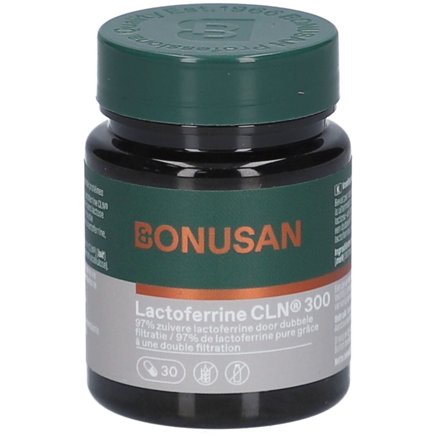 Dunkle Flasche mit grünem Deckel. Aufschrift: Bonusan, Lactoferrine CLN 300, 30 Kapseln. Doppel-Filtration.