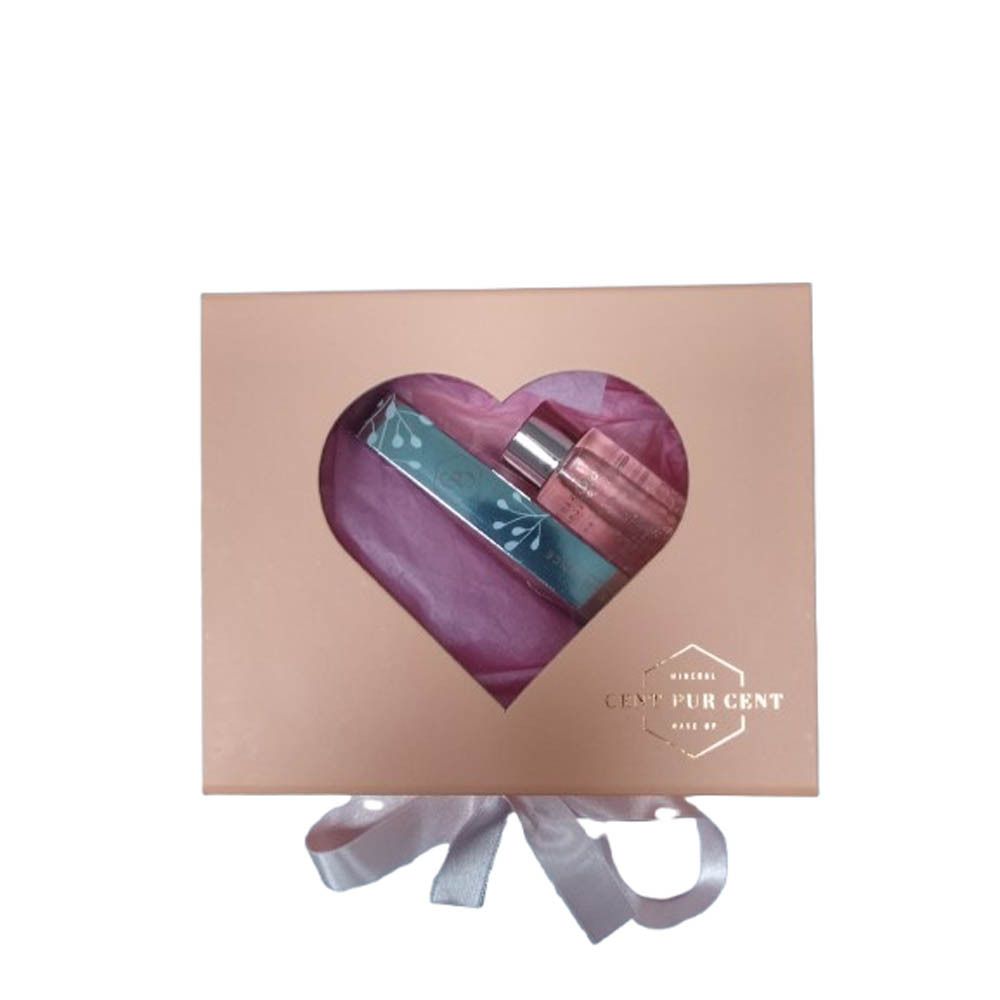 Geschenkbox mit Herzfenster. Enthält zwei Produkte. Rosa Schleife unten. Logo: Cent Pur Cent.