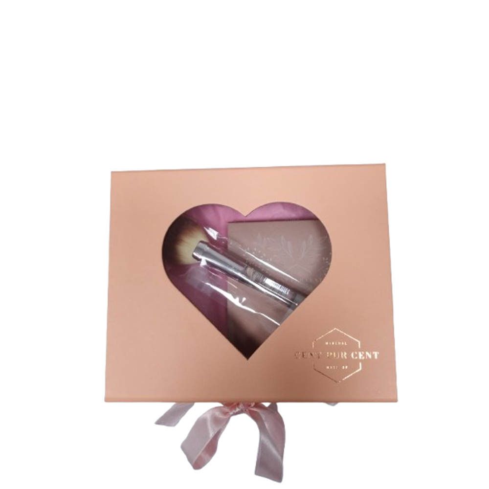Geschenkbox mit Herzfenster. Enthält Pinsel und Kosmetik. Rosa Schleife. Logo: Cent Pur Cent.
