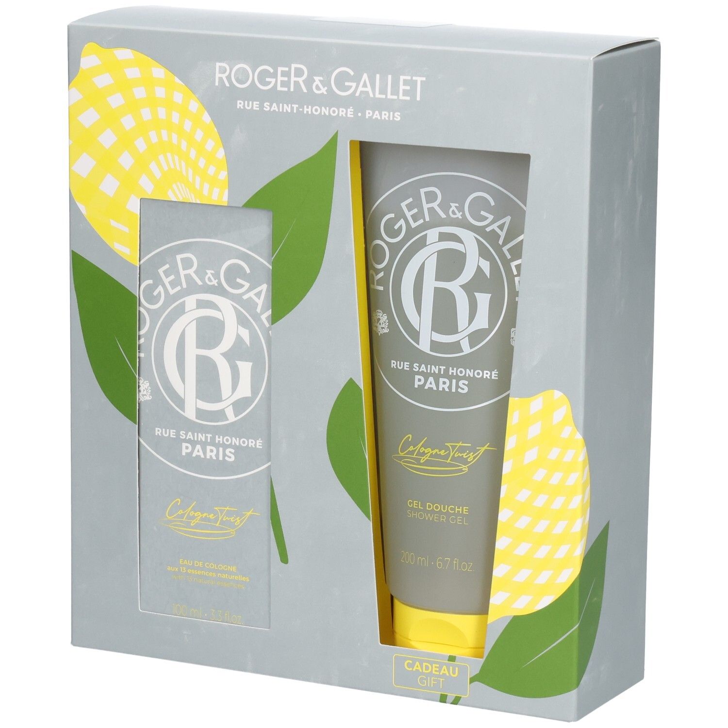 Geschenkset mit zwei Produkten. Graue Schachtel mit gelben Zitronen-Illustrationen. Sichtbar: Flakon und Duschgel.