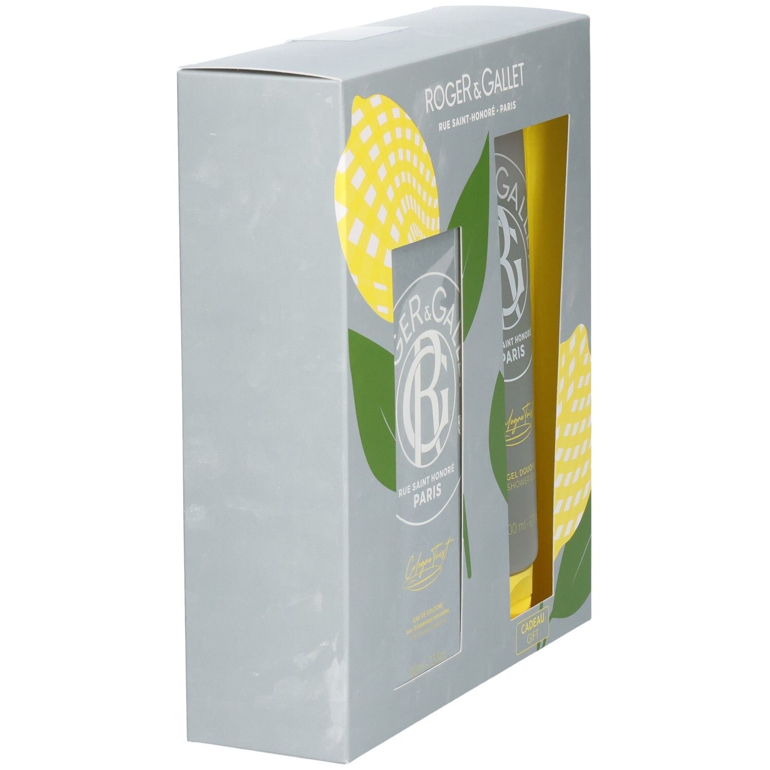 Graue Geschenkbox mit gelben Zitronen-Illustrationen. Enthält Flakon und Duschgel. Seitenansicht.