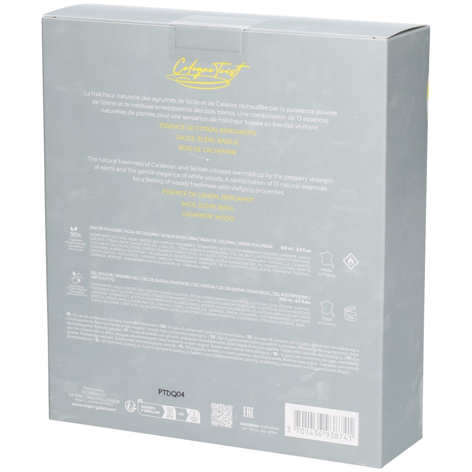 Rückseite der Geschenkbox. Text in mehreren Sprachen. Enthält Informationen über Inhaltsstoffe und Hersteller.