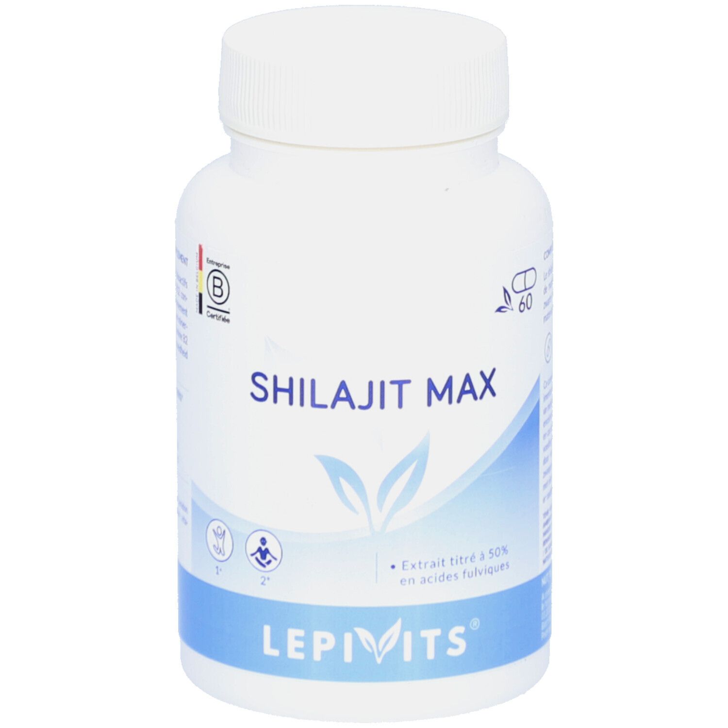 Weiße Flasche mit Schraubverschluss. Aufschrift: Shilajit Max. Marke: Lepivits. Enthält 60 Kapseln. Zertifizierung.