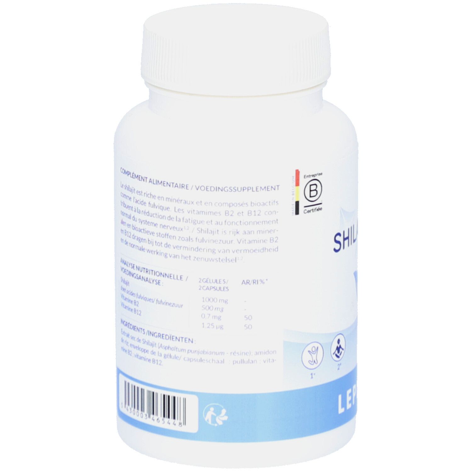 Rückseite der weißen Flasche. Text in mehreren Sprachen. Enthält Nährwertanalyse und Inhaltsstoffe. Marke: Lepivits.