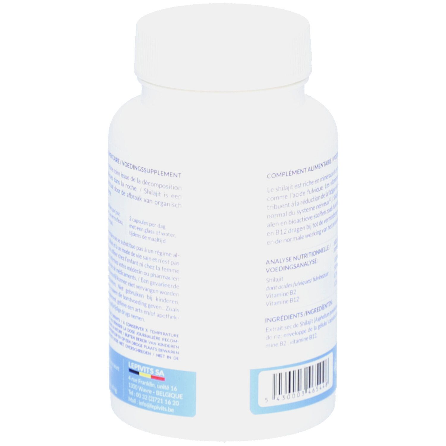 Rückseite der weißen Flasche. Text in mehreren Sprachen. Marke: Lepivits. Barcode.