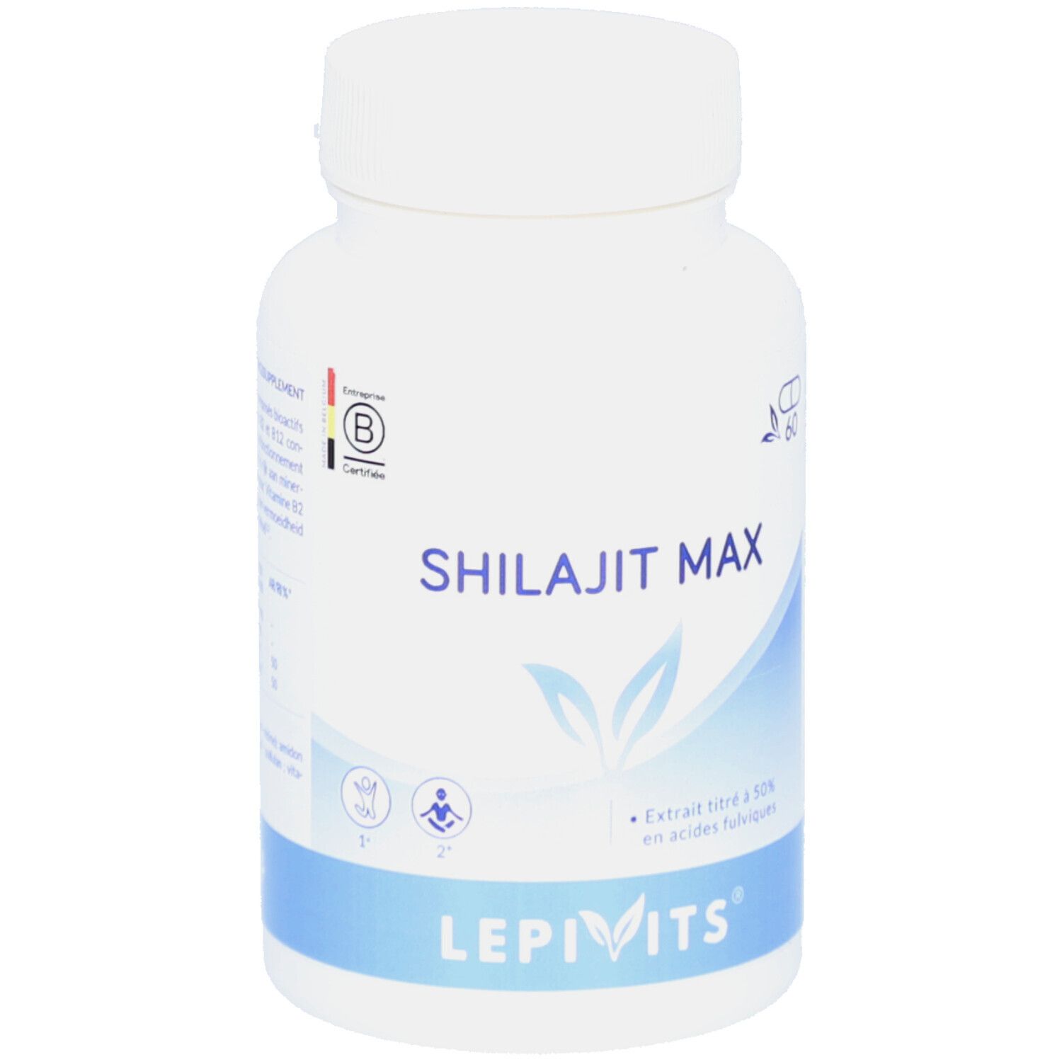 Weiße Flasche mit Schraubverschluss. Aufschrift: Shilajit Max. Marke: Lepivits. Zertifizierung.