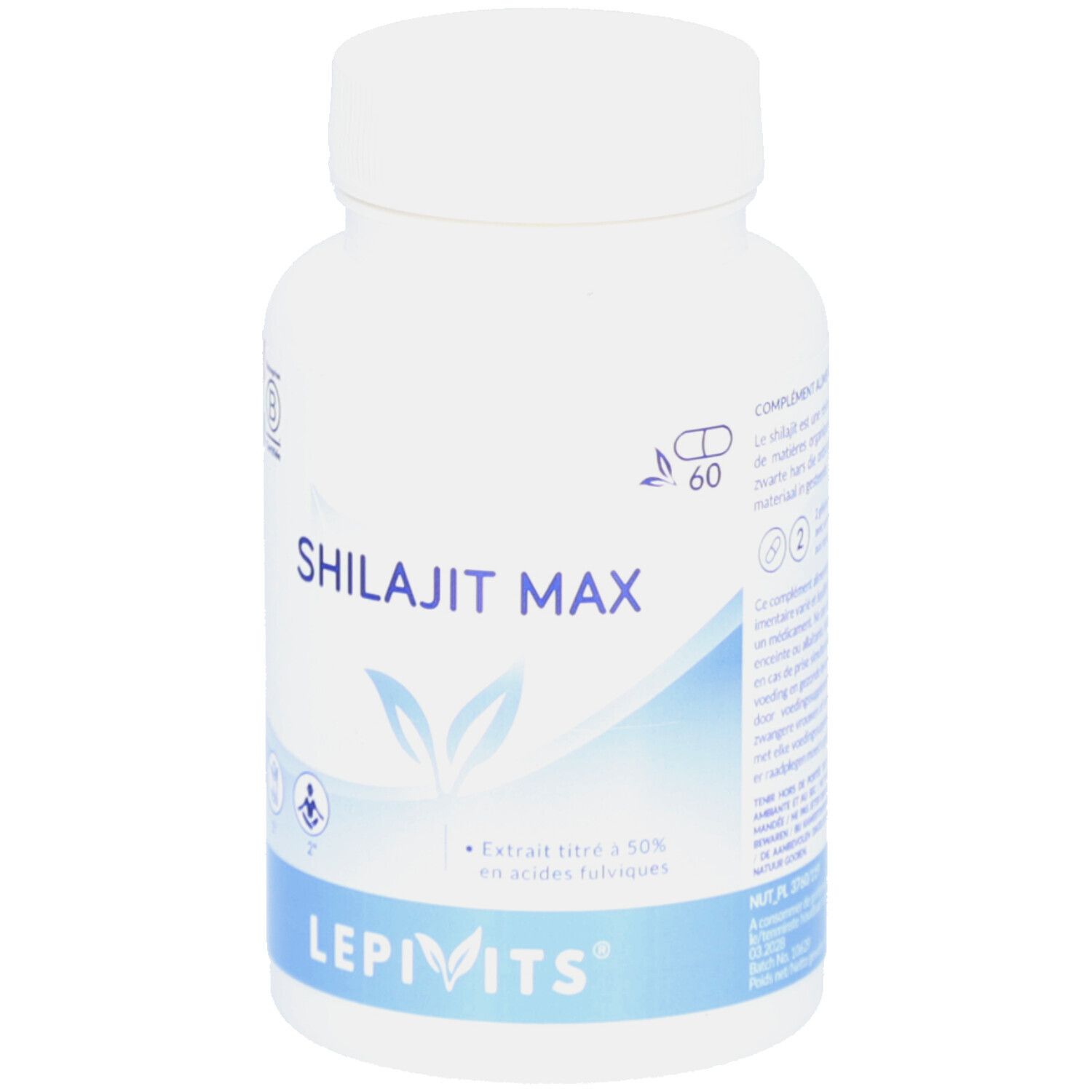 Weiße Flasche mit Schraubverschluss. Aufschrift: Shilajit Max. Marke: Lepivits. Enthält 60 Kapseln.