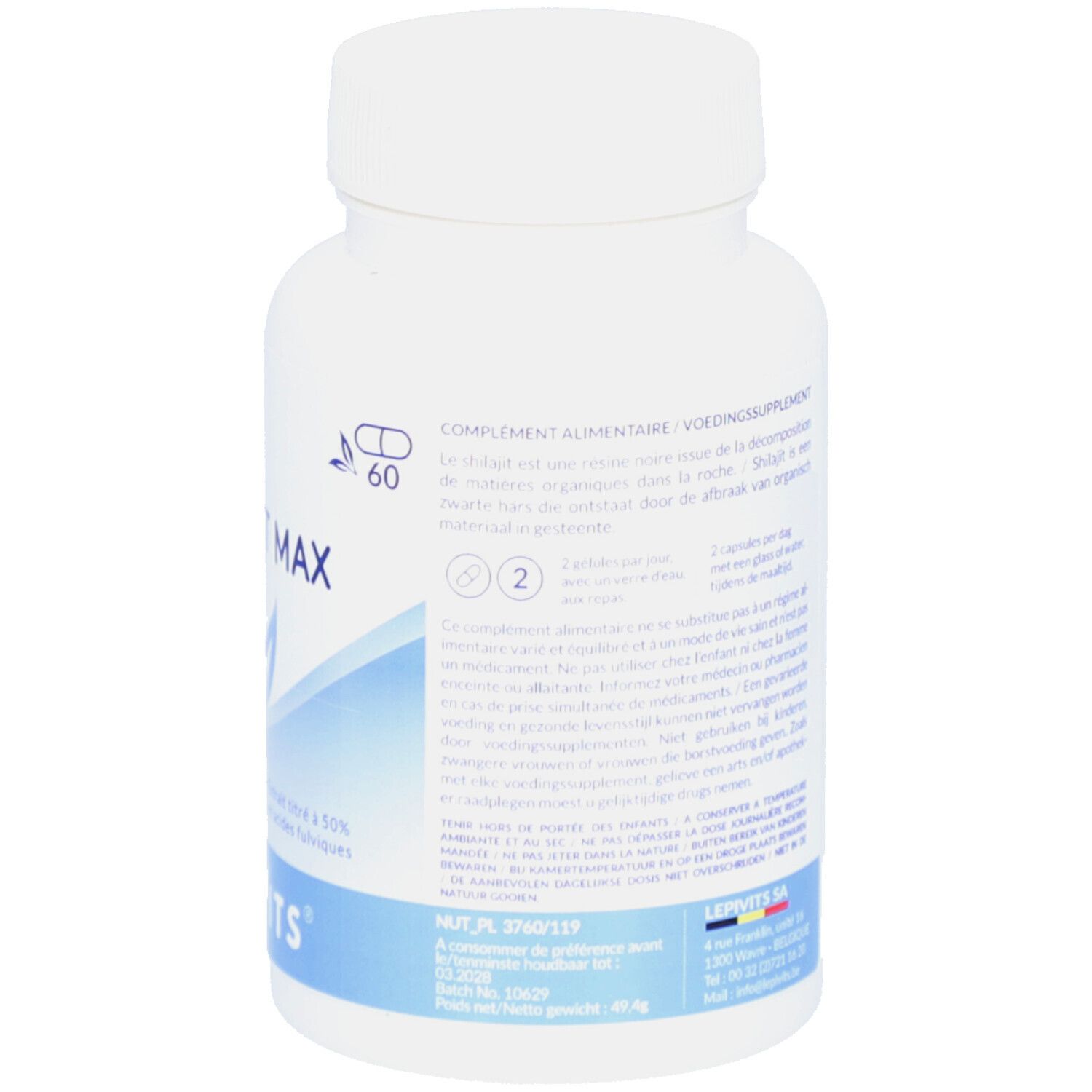 Rückseite der weißen Flasche. Text in mehreren Sprachen. Enthält Nährwertanalyse und Inhaltsstoffe. Marke: Lepivits.