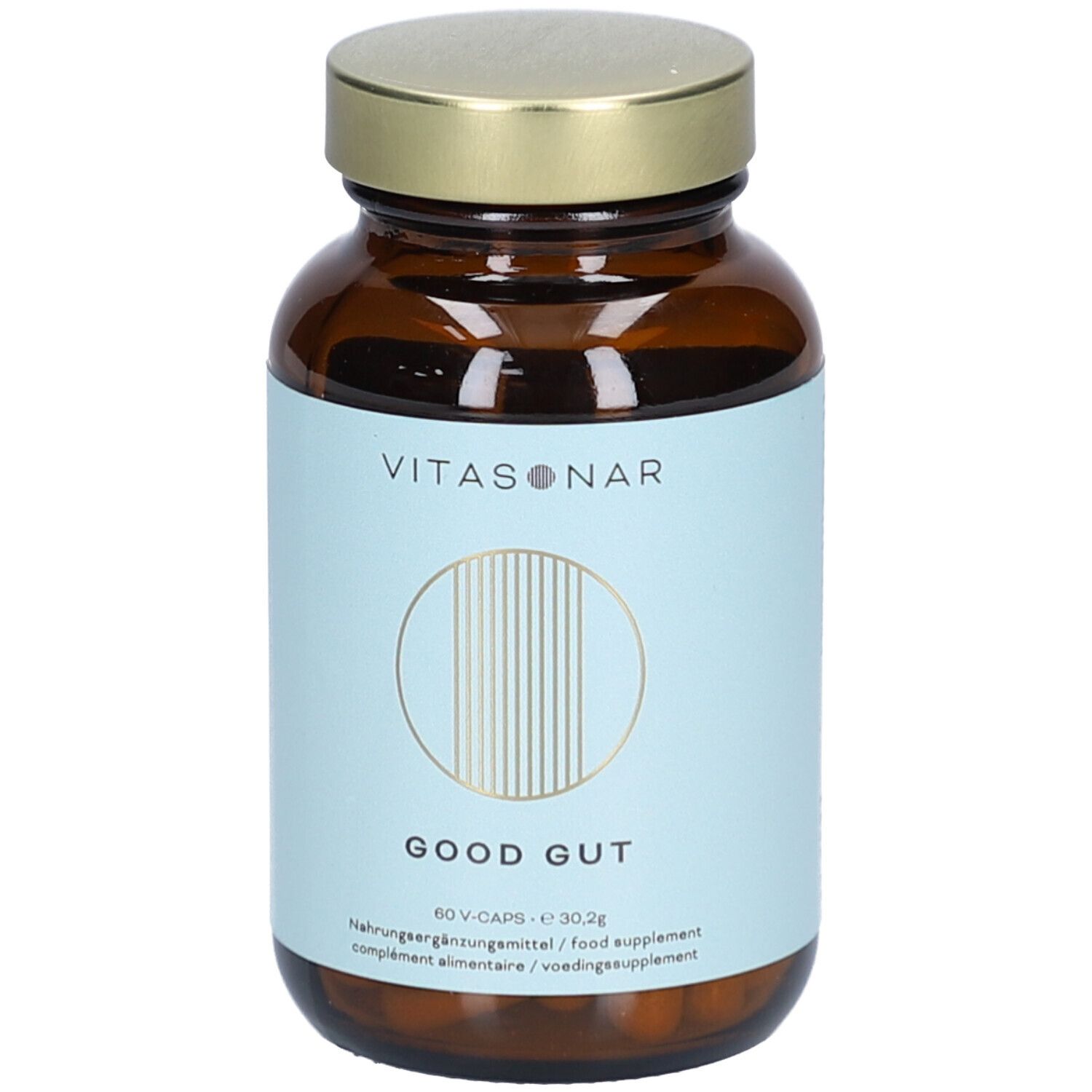 Braune Glasflasche mit goldfarbenem Deckel. Hellblaues Etikett mit Produktnamen GOOD GUT und VITASONAR-Logo.
