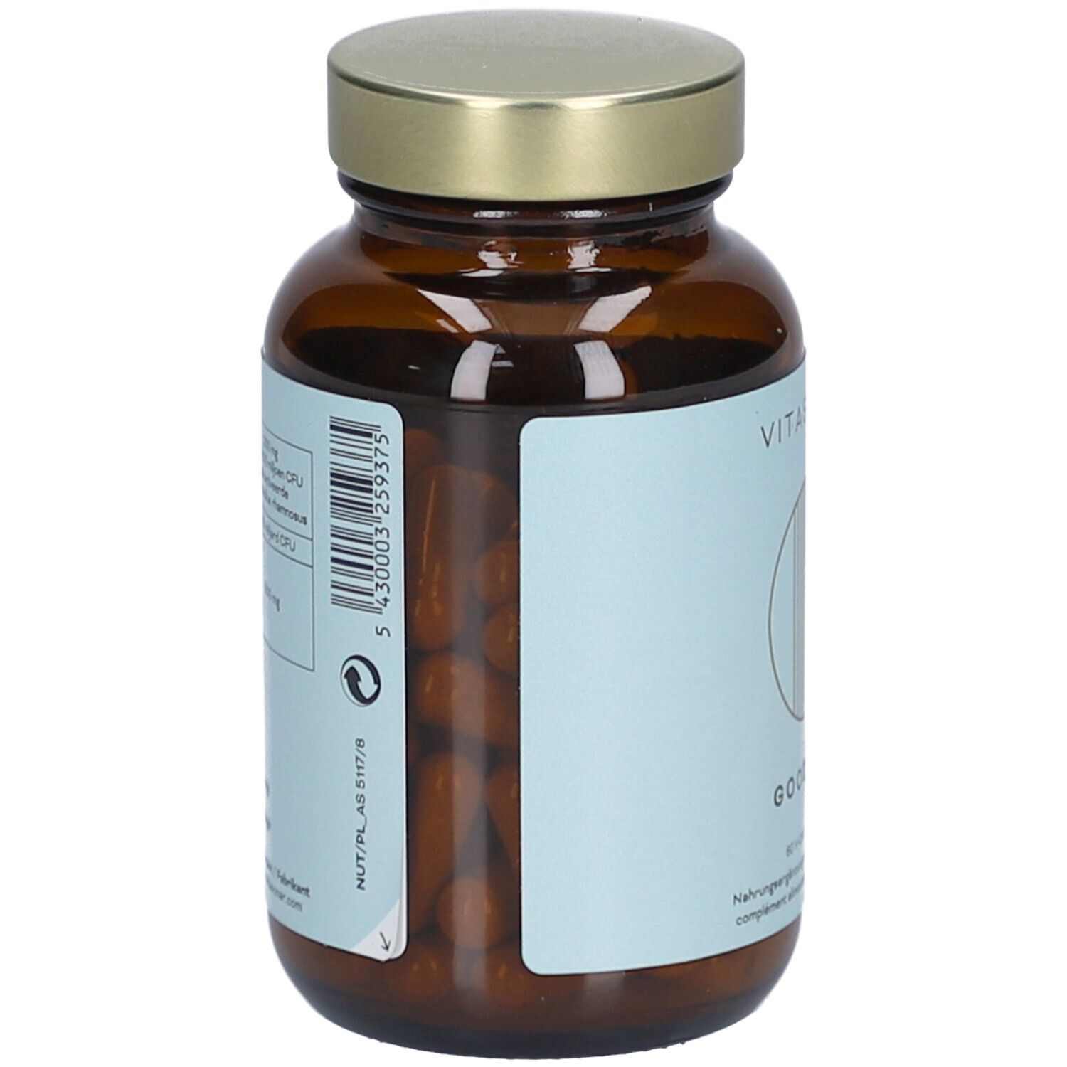 Braune Glasflasche mit goldfarbenem Deckel. Rückseite mit Etikett und Produktinformationen. Kapseln sichtbar.