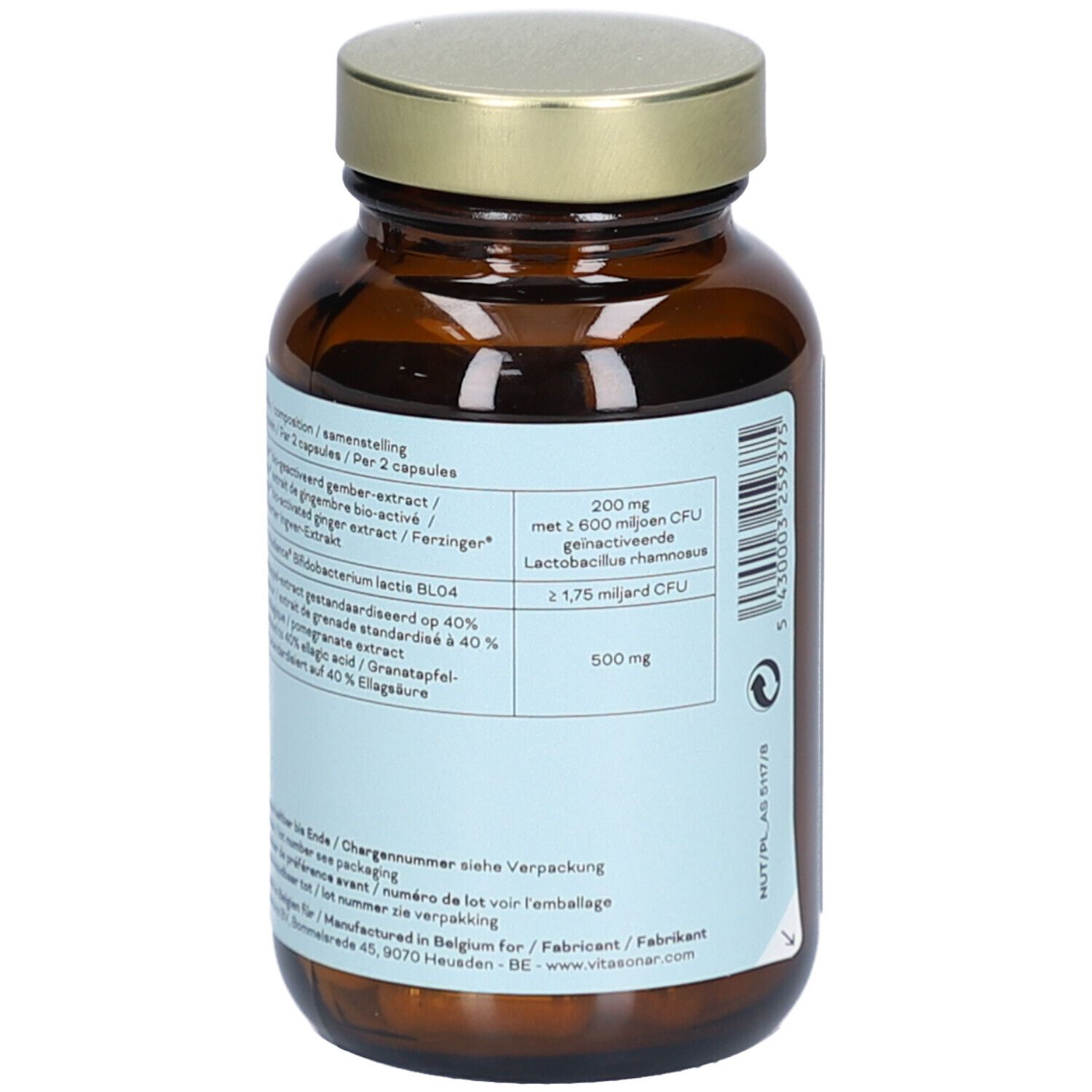 Braune Glasflasche mit goldfarbenem Deckel. Etikett mit Inhaltsstoffen und Mengenangaben. Text in Deutsch.