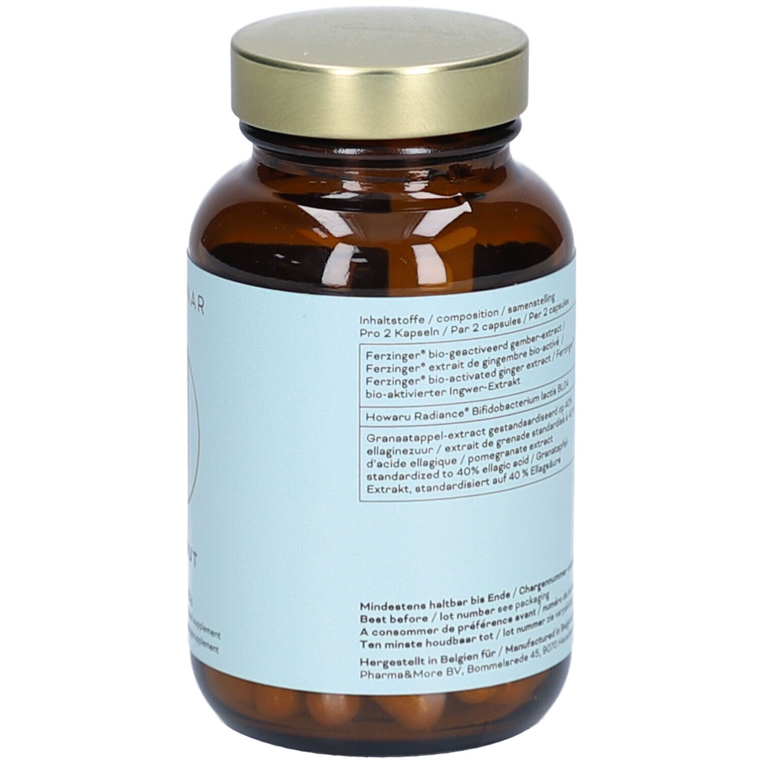 Braune Glasflasche mit goldfarbenem Deckel. Etikett mit Inhaltsstoffen und Haltbarkeitsdatum. Text in Deutsch.