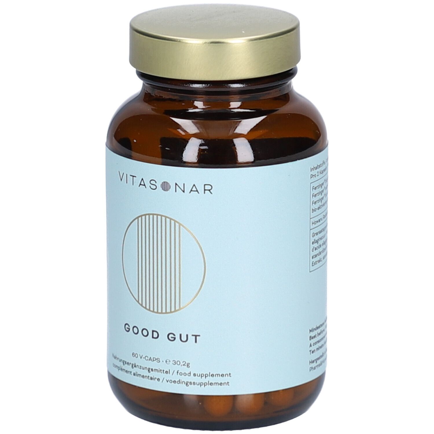Braune Glasflasche mit goldfarbenem Deckel. Hellblaues Etikett mit Produktnamen GOOD GUT und VITASONAR-Logo.