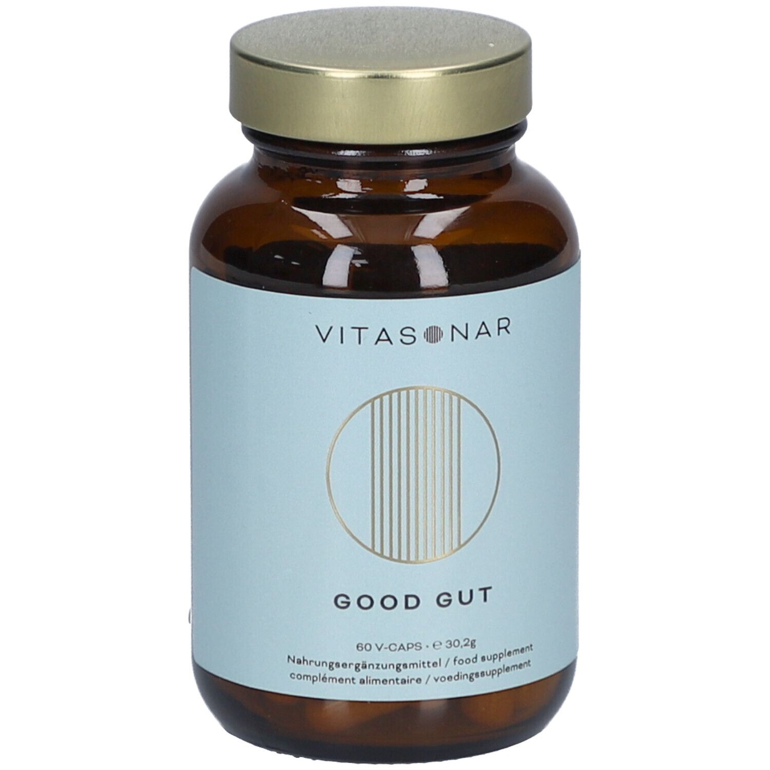 Braune Glasflasche mit goldfarbenem Deckel. Hellblaues Etikett mit Produktnamen GOOD GUT und VITASONAR-Logo.