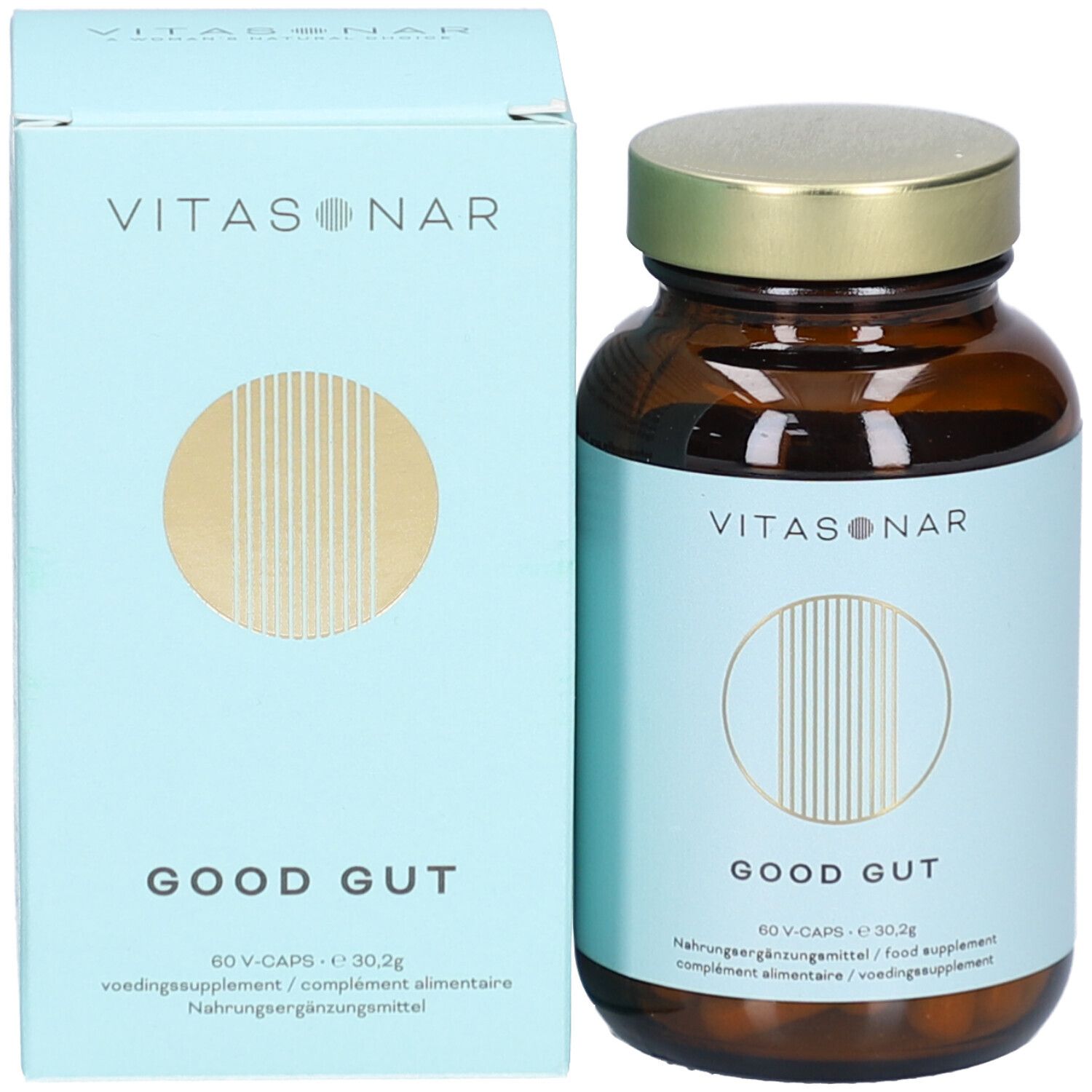 Produktflasche und Schachtel. Flasche mit goldfarbenem Deckel und hellblauem Etikett. Schachtel mit Logo.