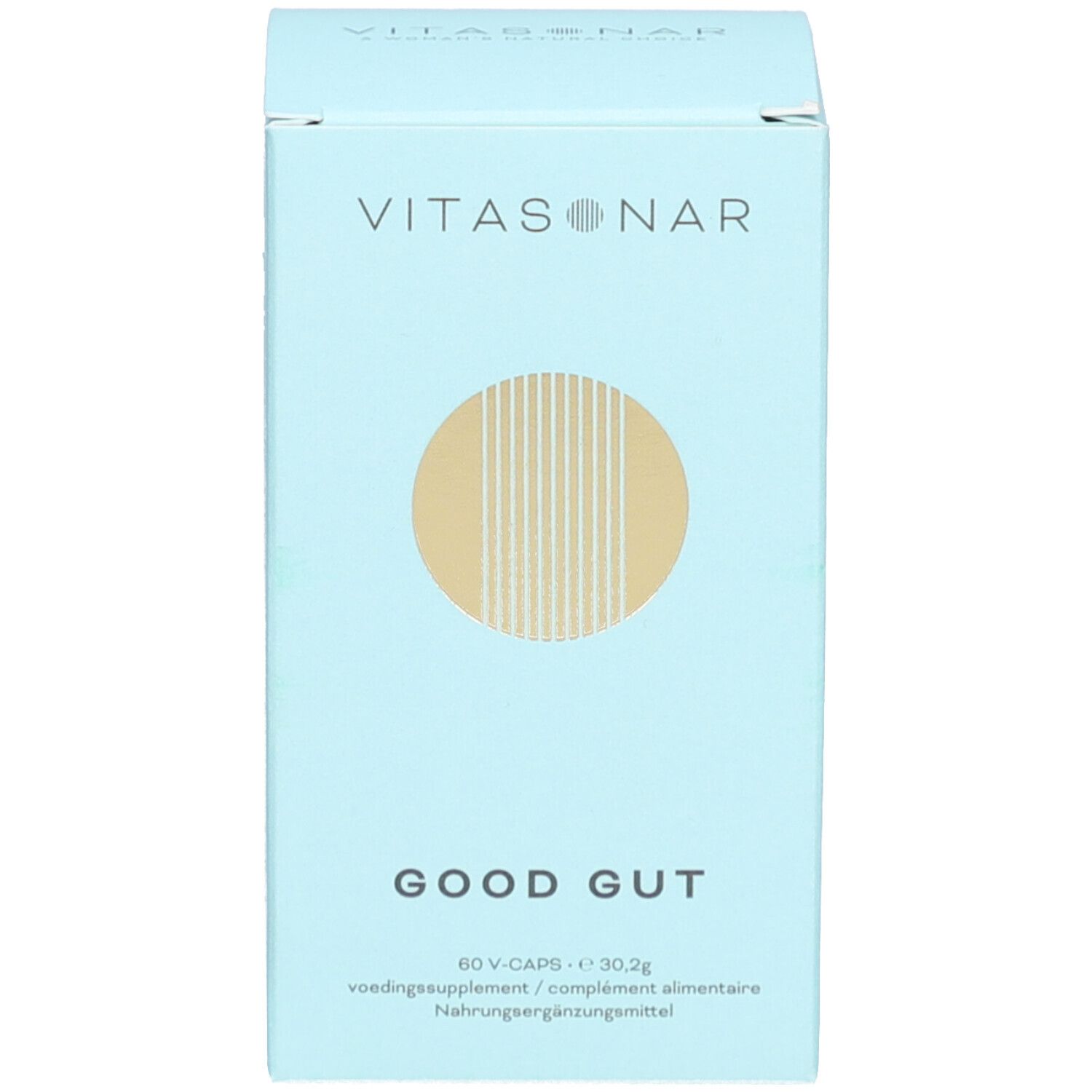 Hellblaue Produktverpackung. Aufschrift GOOD GUT und VITASONAR-Logo. Goldfarbene Designelemente.