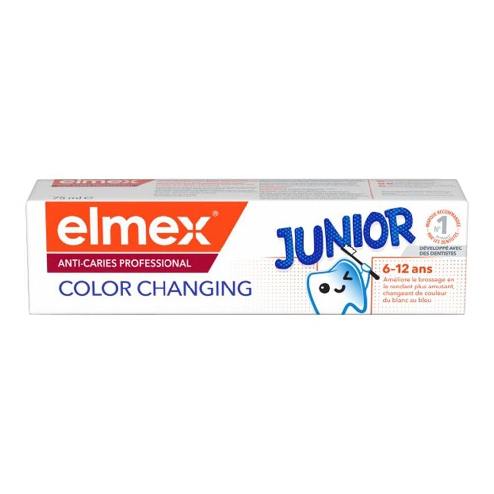 Emballage Elmex Junior Color Changing dentifrice avec illustration de dent et âge 6-12 ans.