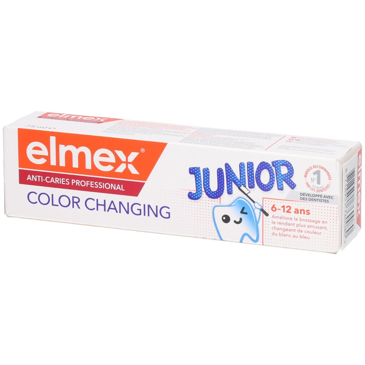 Elmex Junior Color Changing Zahnpasta-Verpackung mit Zahn-Illustration und Altersangabe 6-12 Jahre.