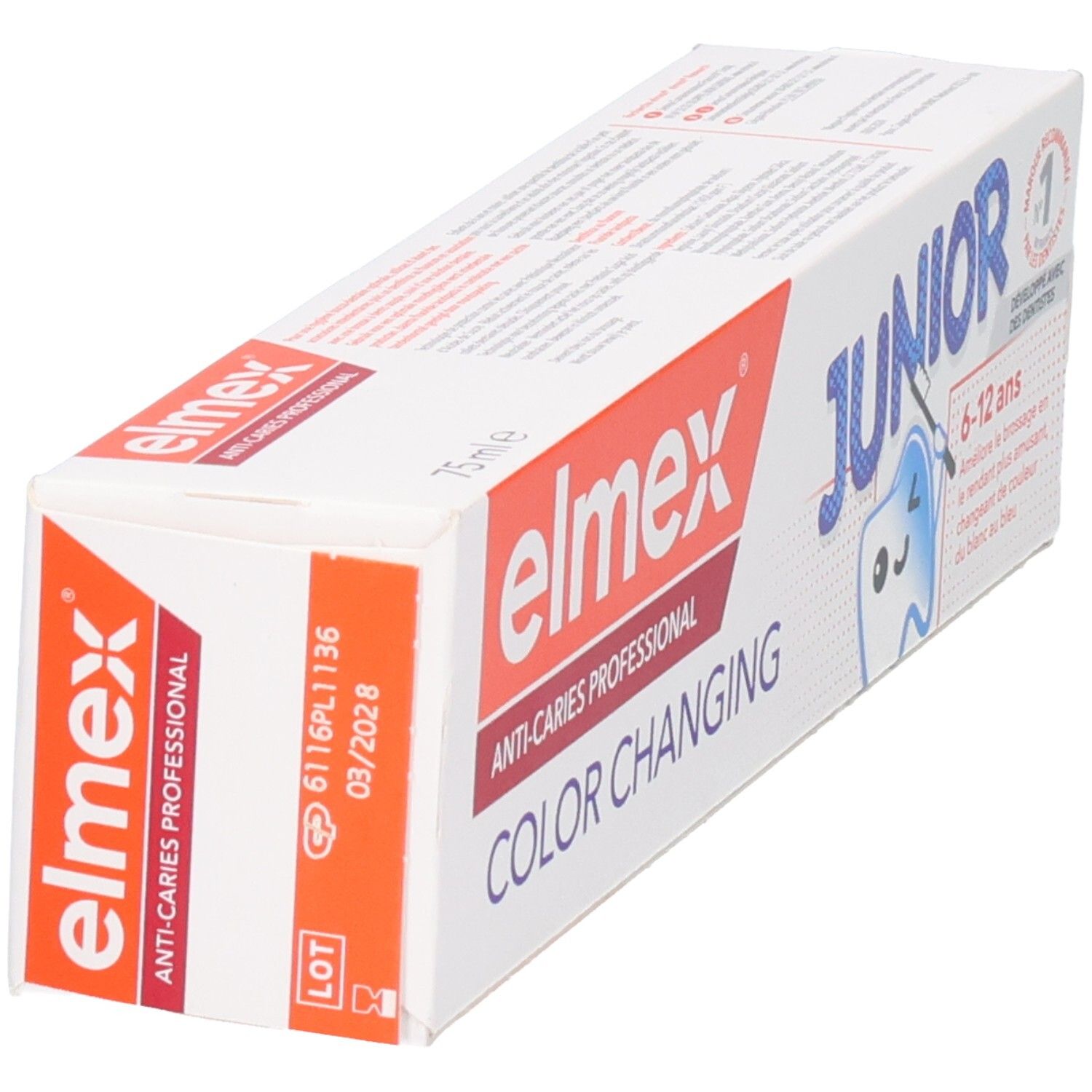 Elmex Junior Color Changing Zahnpasta-Verpackung, Seitenansicht mit Lot-Nummer und Verfallsdatum.