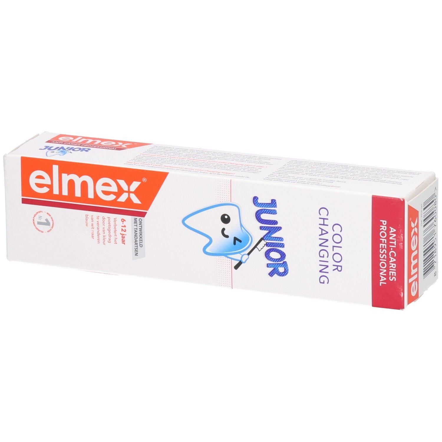 Elmex Junior Color Changing Zahnpasta-Verpackung, Ansicht von oben mit Altersangabe 6-12 Jahre.